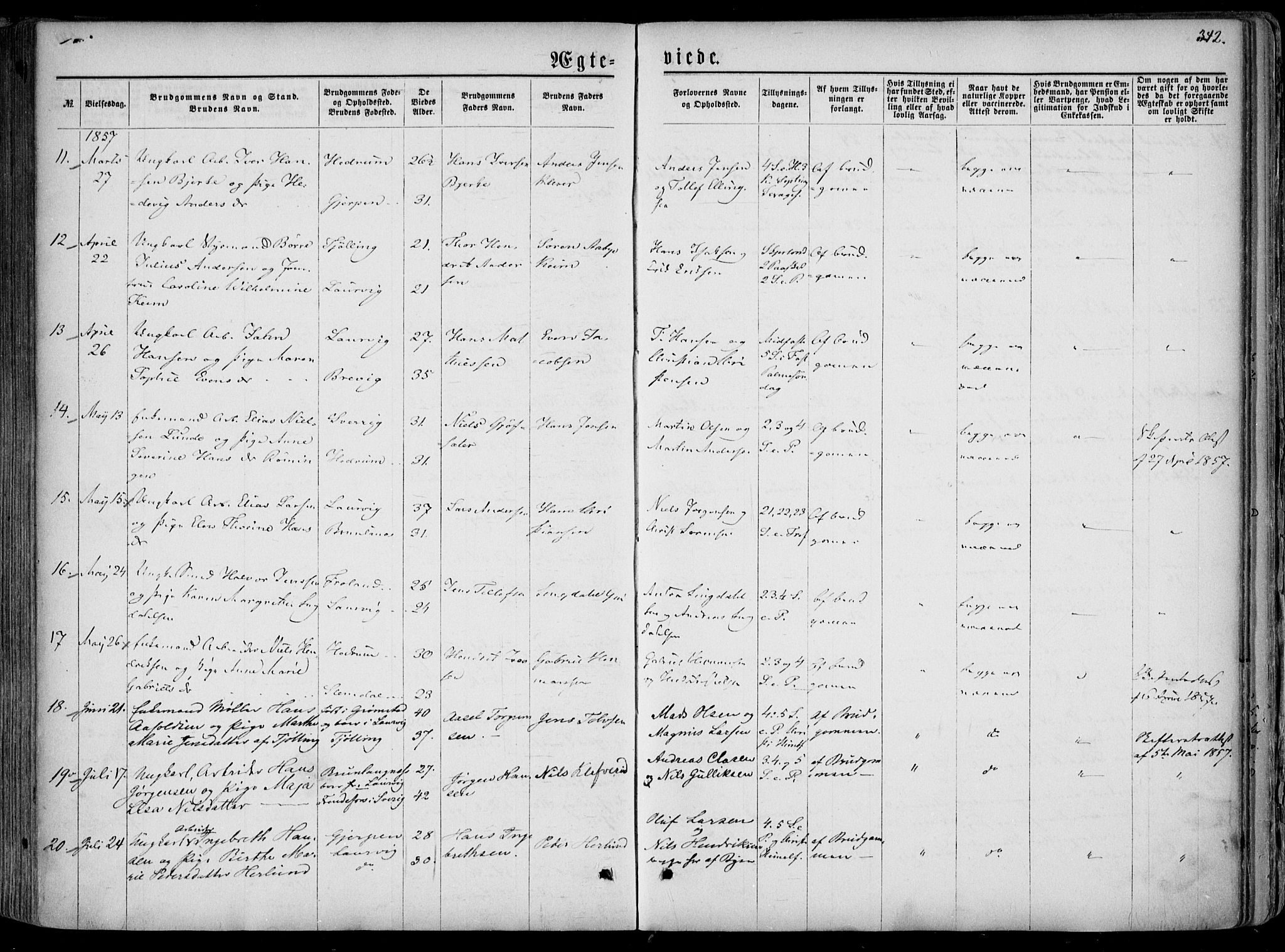 Larvik kirkebøker, AV/SAKO-A-352/F/Fa/L0004: Parish register (official) no. I 4, 1856-1870, p. 342