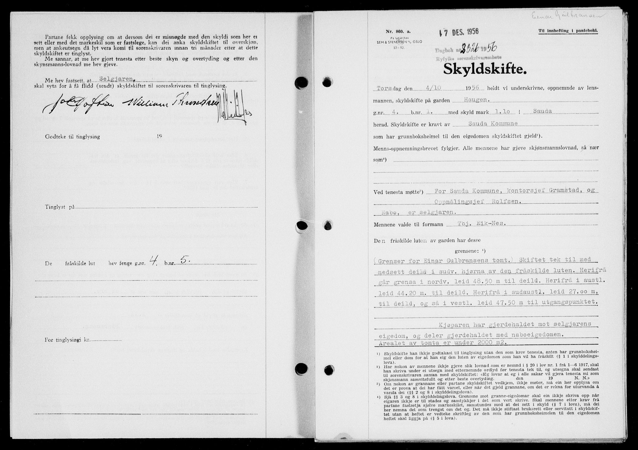 Ryfylke tingrett, SAST/A-100055/001/II/IIB/L0135: Mortgage book no. 114, 1956-1957, Diary no: : 2326/1956