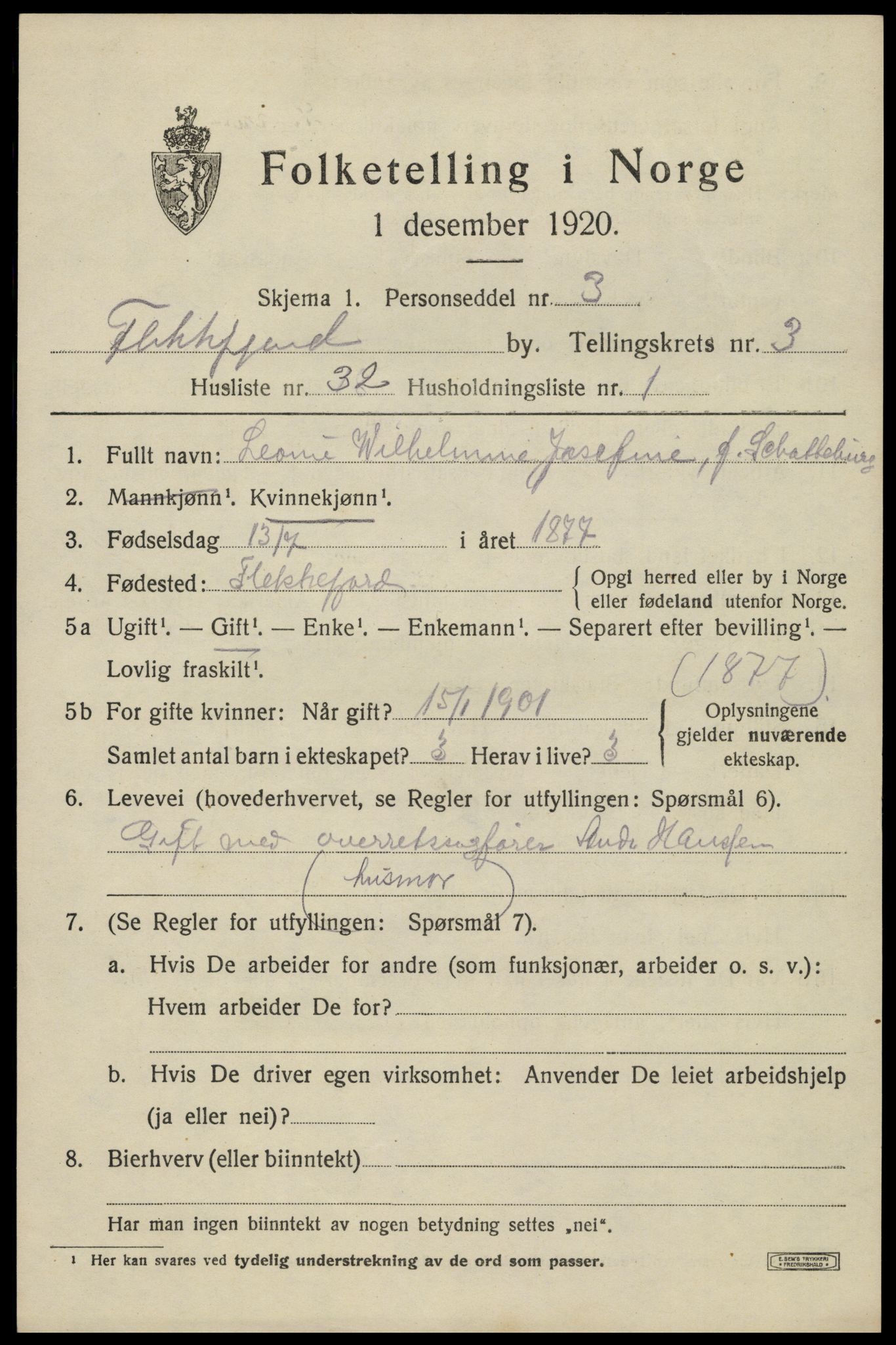 SAK, 1920 census for Flekkefjord, 1920, p. 3784
