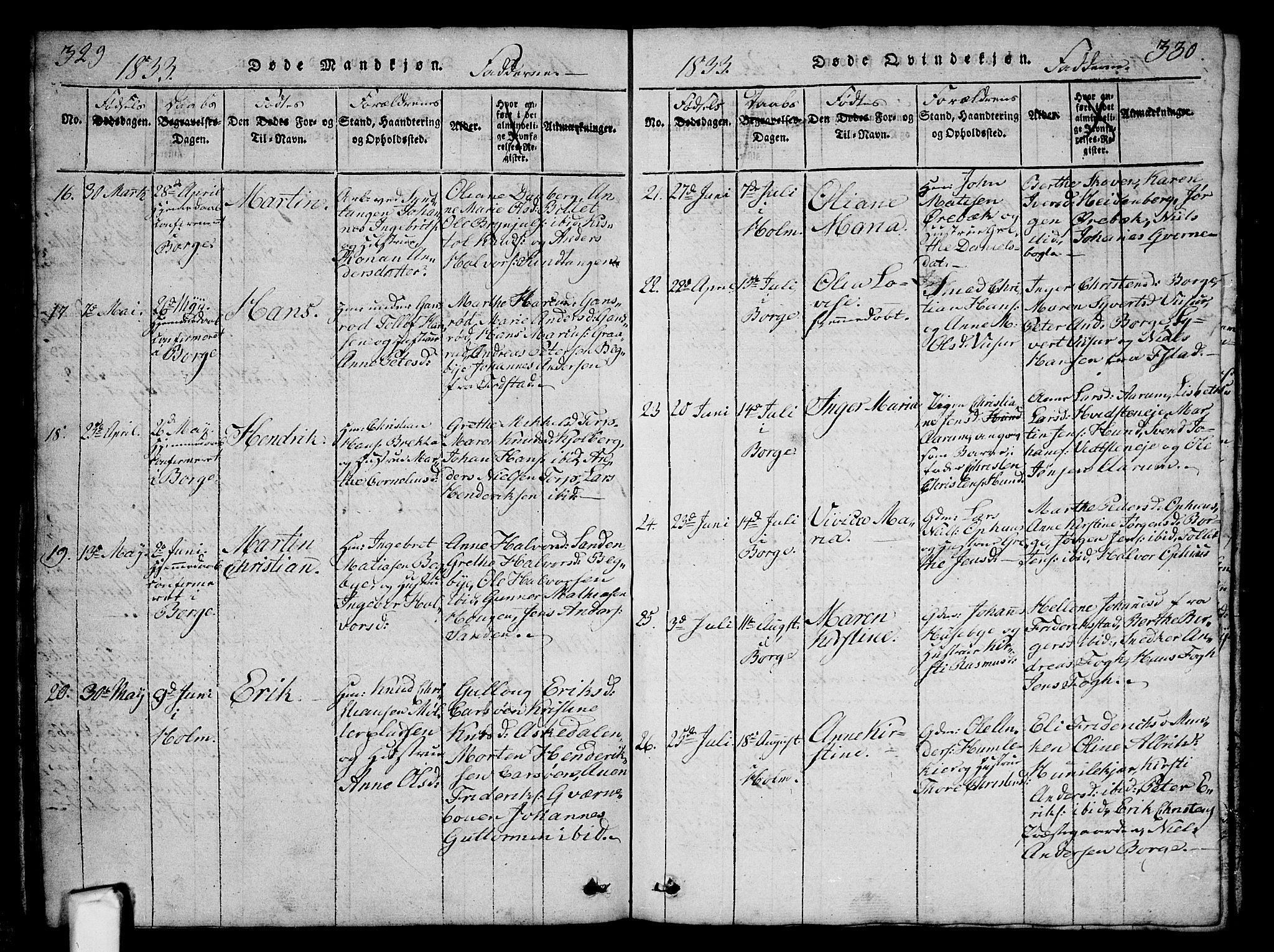 Borge prestekontor Kirkebøker, AV/SAO-A-10903/G/Ga/L0001: Parish register (copy) no.  I 1, 1815-1835, p. 329-330