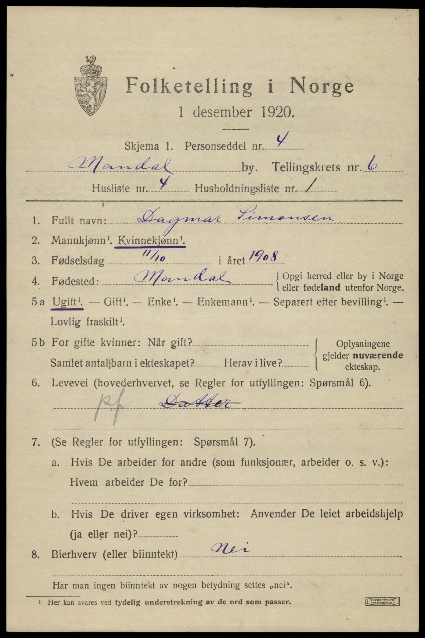 SAK, 1920 census for Mandal, 1920, p. 9149