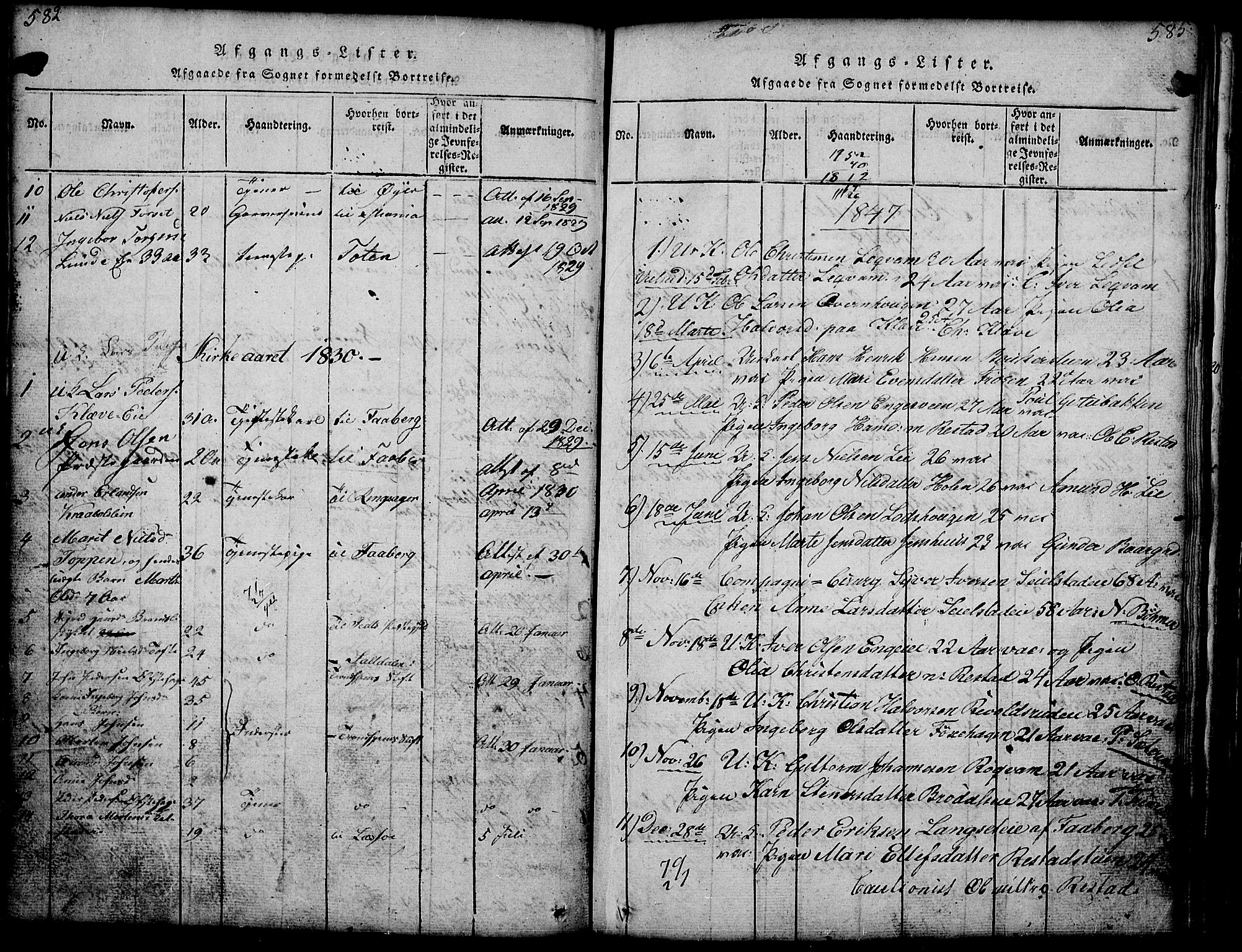 Gausdal prestekontor, SAH/PREST-090/H/Ha/Hab/L0001: Parish register (copy) no. 1, 1817-1848, p. 582-585