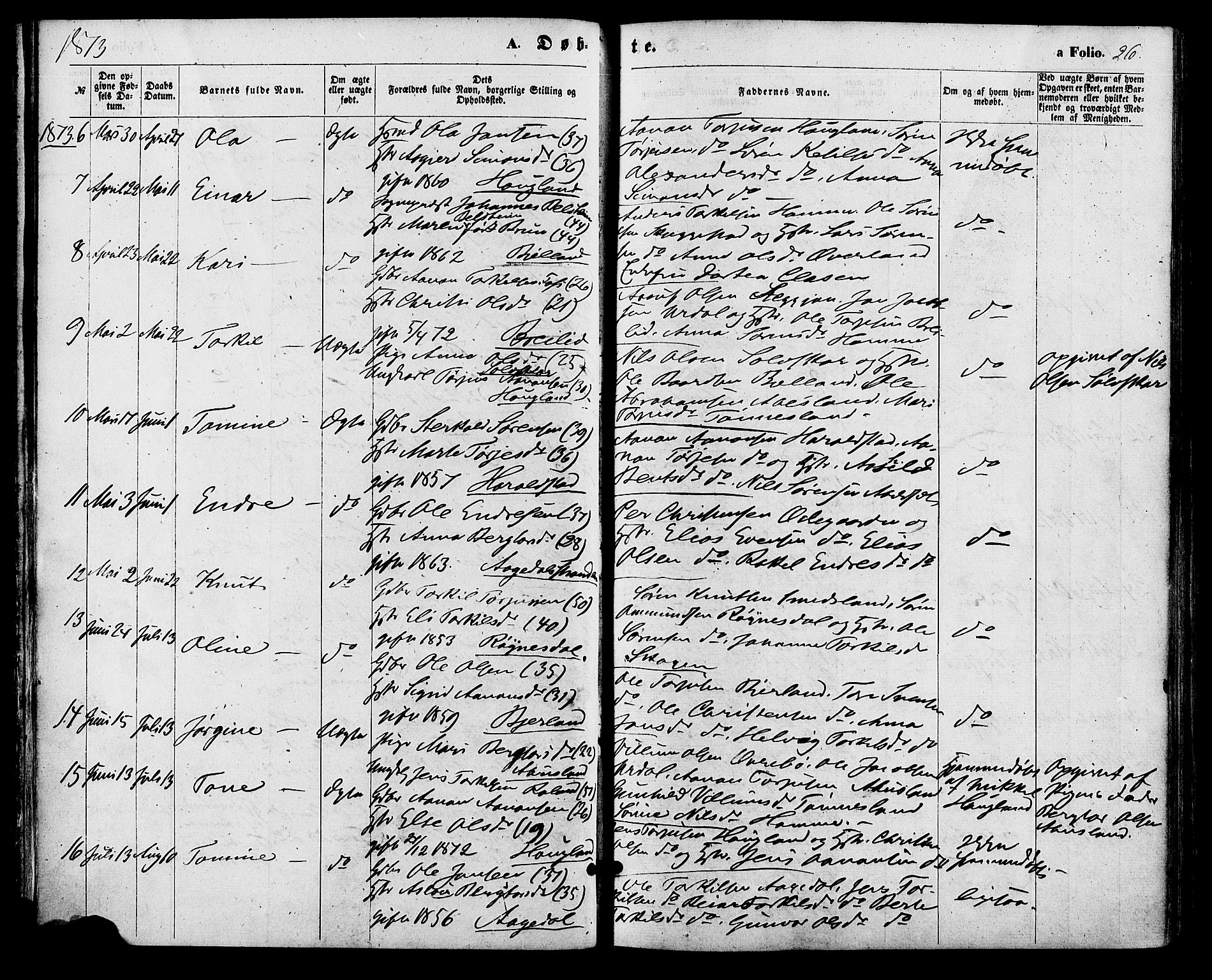 Bjelland sokneprestkontor, AV/SAK-1111-0005/F/Fa/Faa/L0003: Parish register (official) no. A 3, 1867-1887, p. 26