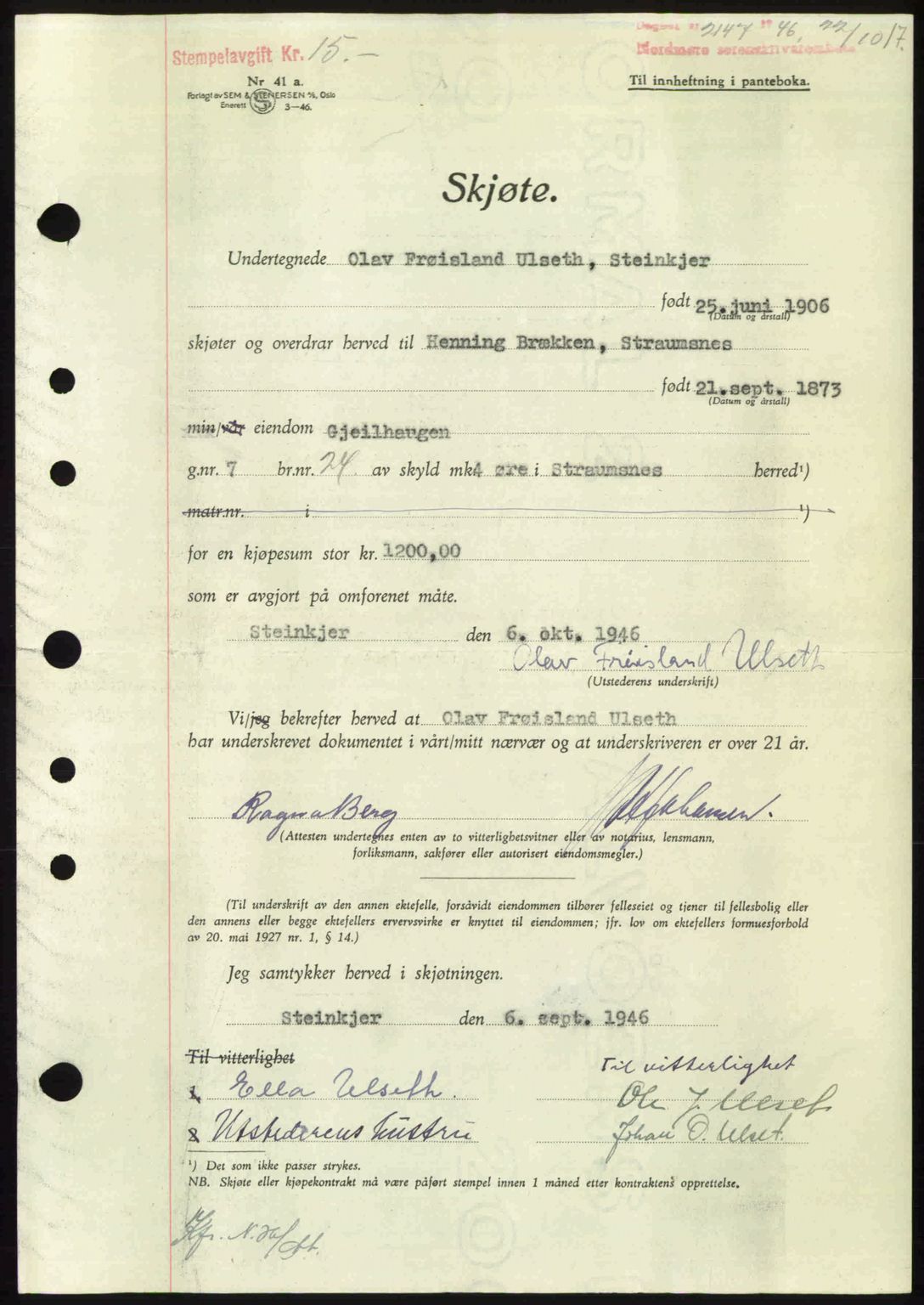 Nordmøre sorenskriveri, AV/SAT-A-4132/1/2/2Ca: Mortgage book no. A103, 1946-1947, Diary no: : 2147/1946