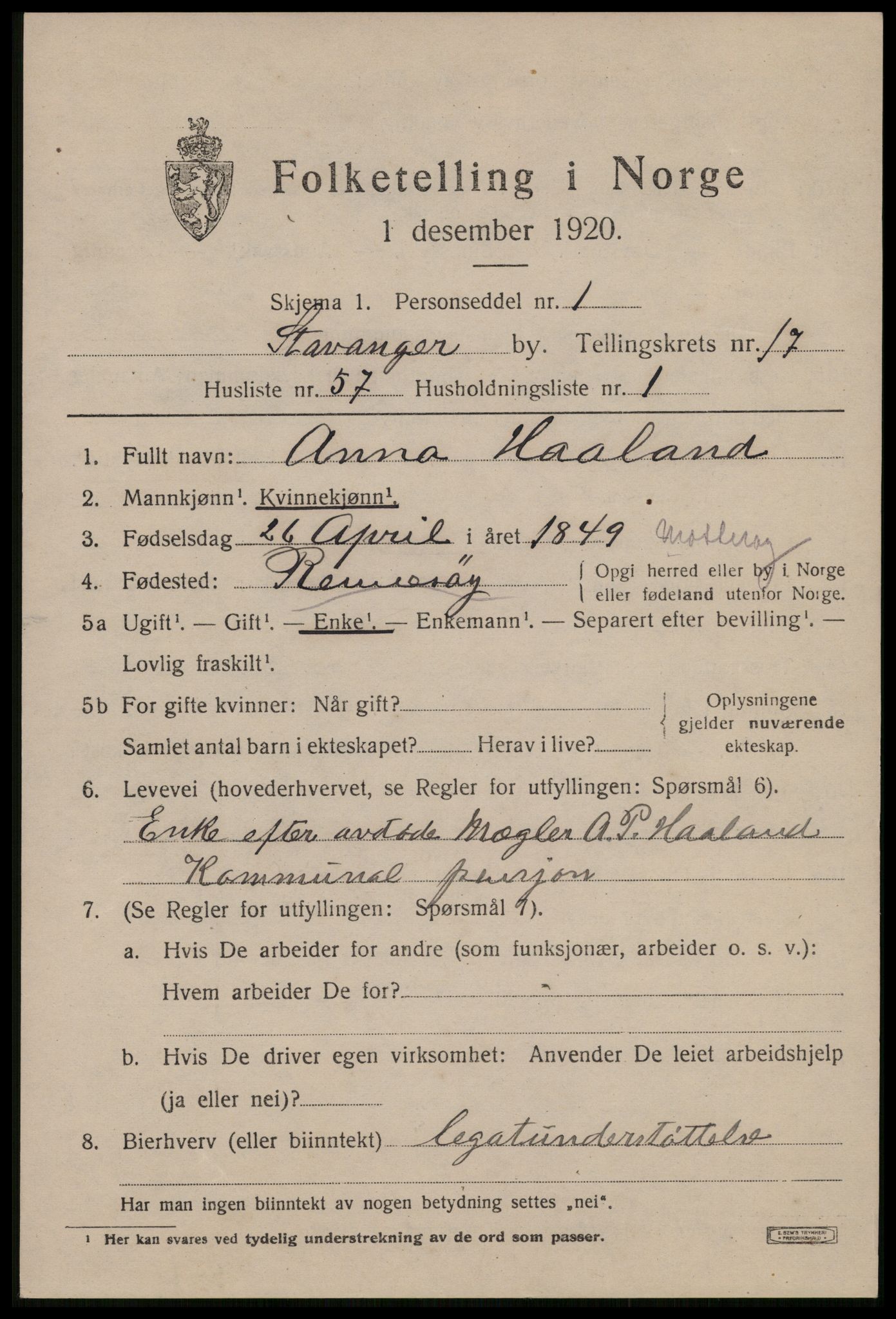 SAST, 1920 census for Stavanger, 1920, p. 66048