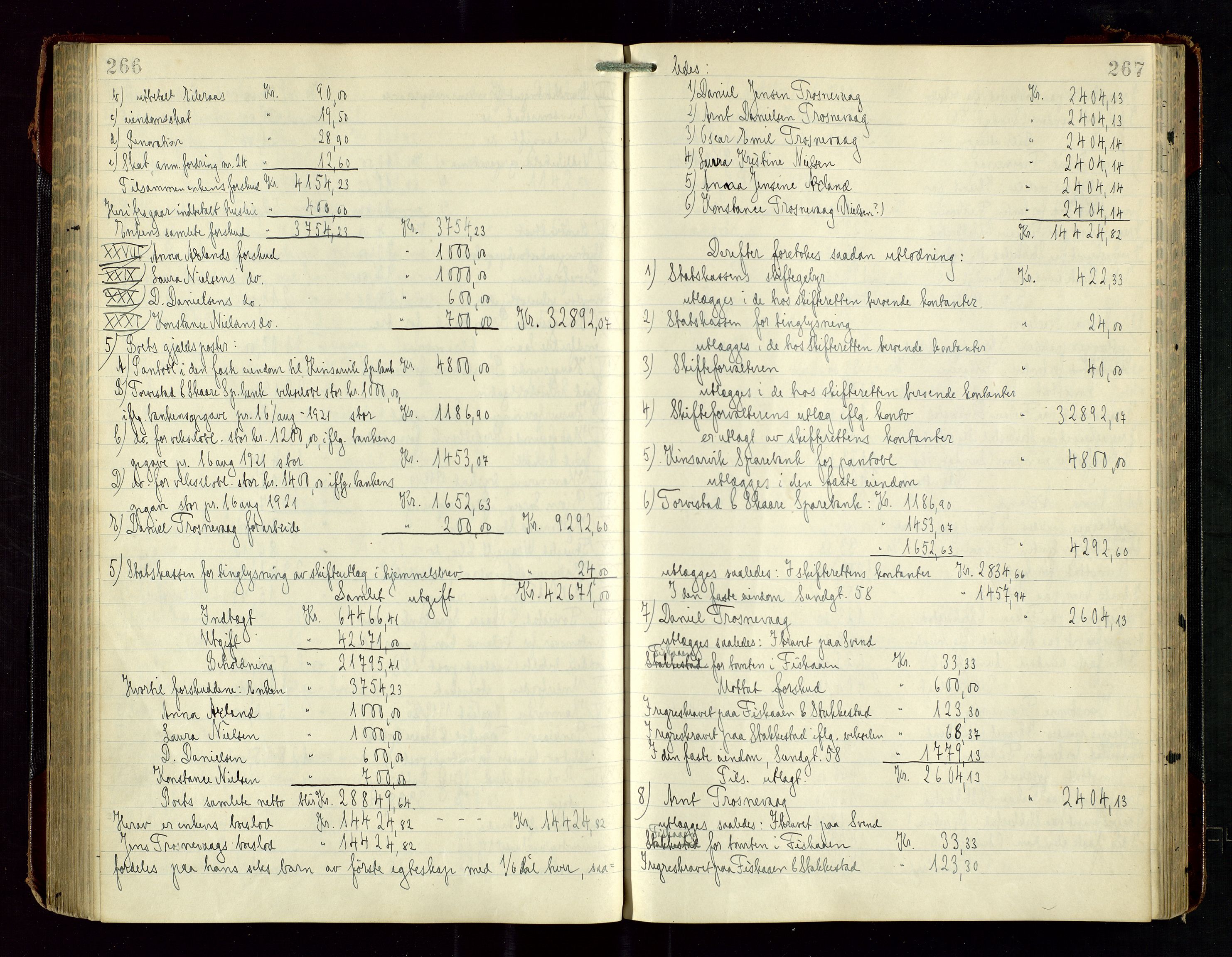 Haugesund tingrett, AV/SAST-A-101415/01/IV/IVD/L0003: Skifteutlodningsprotokoll, med register, 1915-1924, p. 266-267