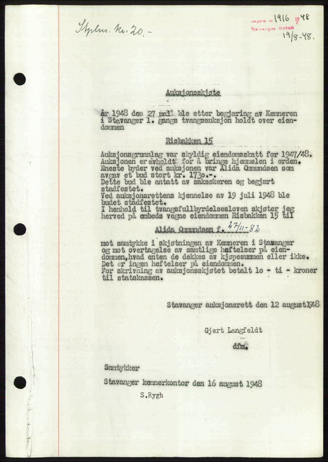 Stavanger byrett, SAST/A-100455/002/G/Gb/L0022: Mortgage book no. A11, 1947-1948, Diary no: : 1916/1948