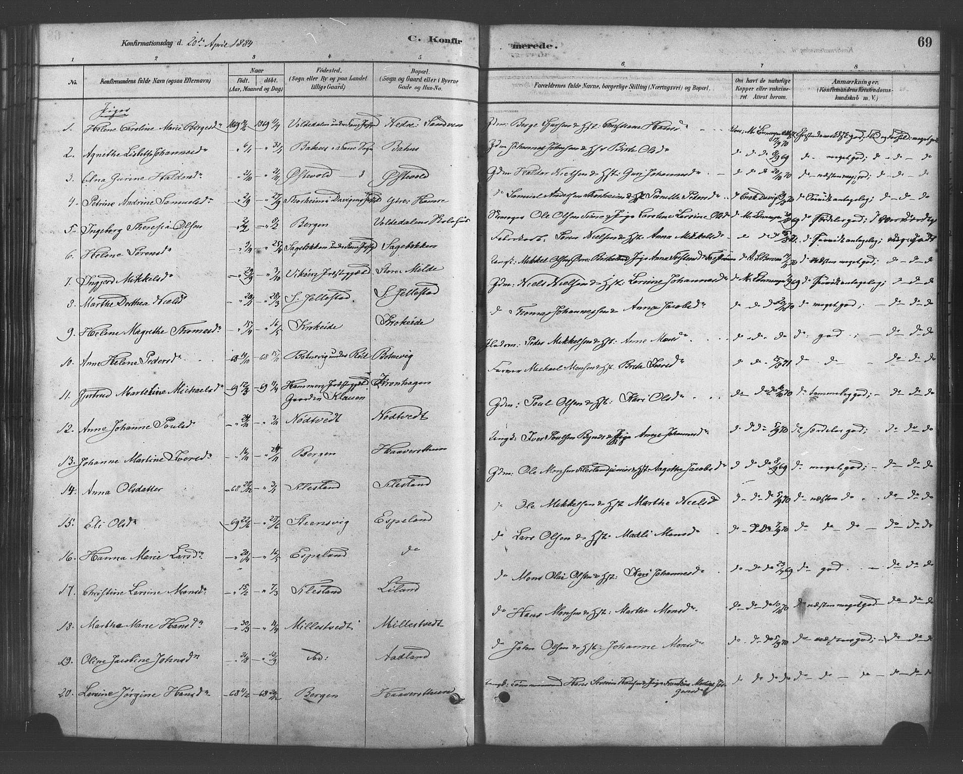 Fana Sokneprestembete, AV/SAB-A-75101/H/Haa/Haab/L0001: Parish register (official) no. B 1, 1878-1889, p. 69