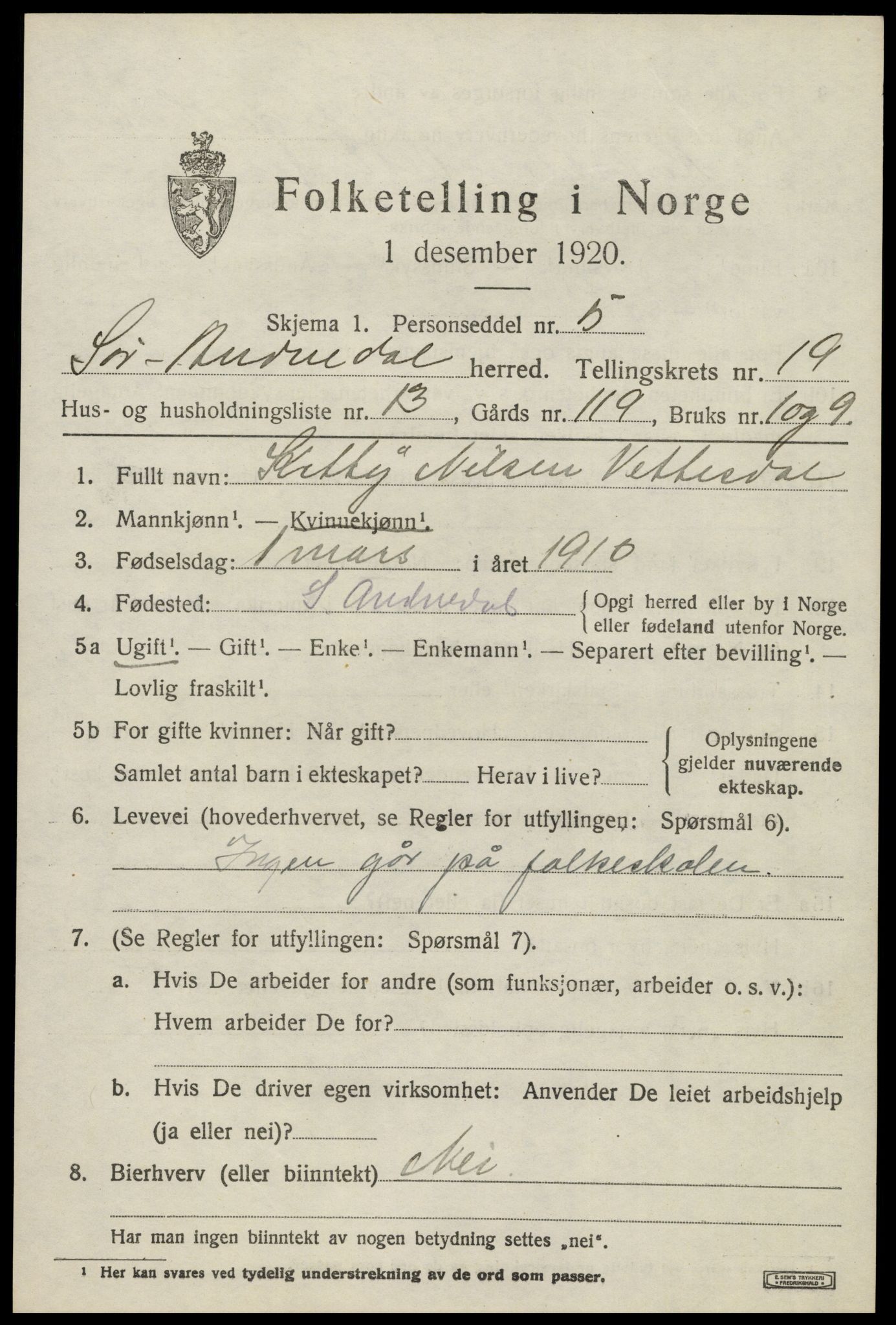 SAK, 1920 census for Sør-Audnedal, 1920, p. 6689