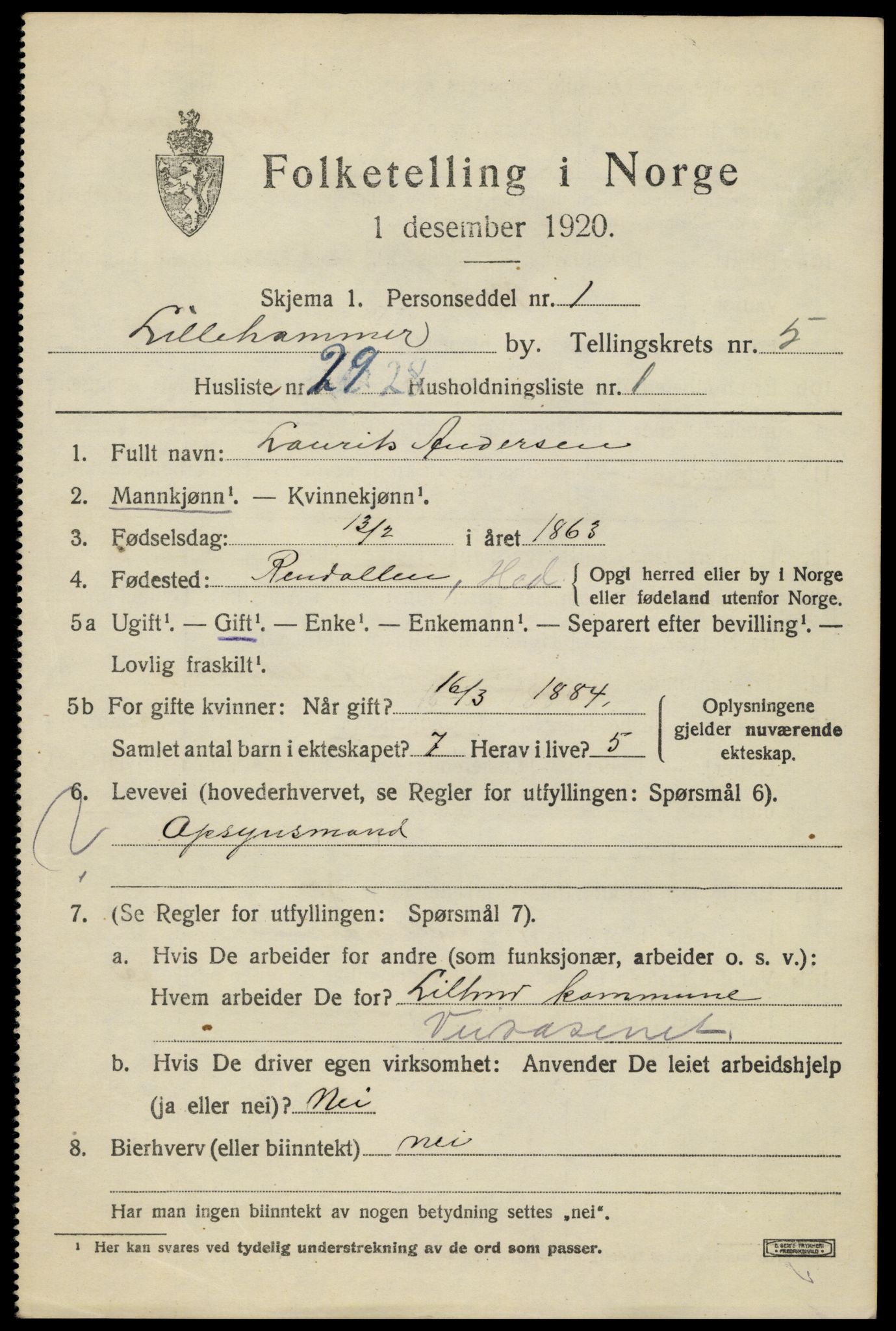 SAH, 1920 census for Lillehammer, 1920, p. 8128