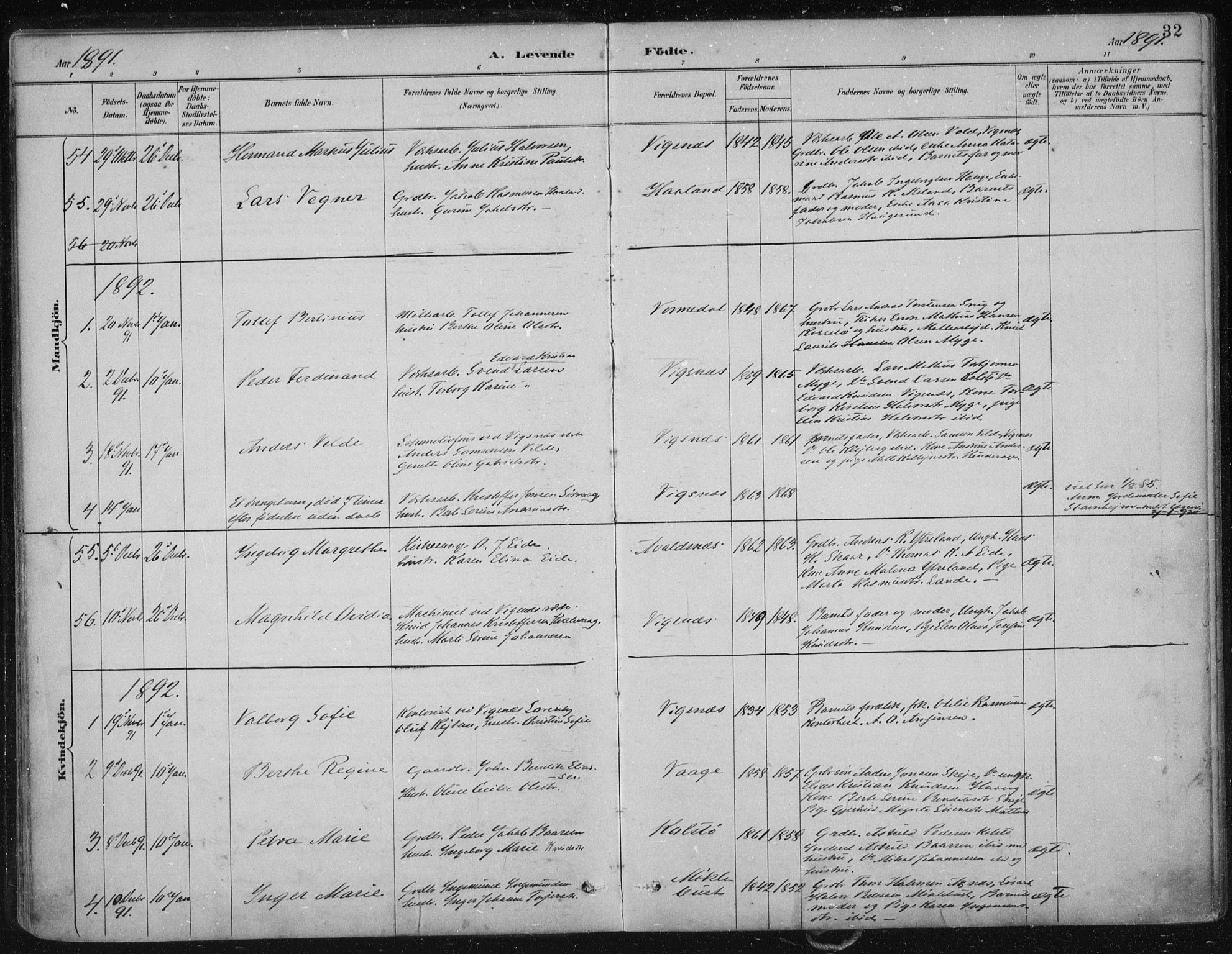 Avaldsnes sokneprestkontor, SAST/A -101851/H/Ha/Haa/L0017: Parish register (official) no. A 17, 1889-1920, p. 32