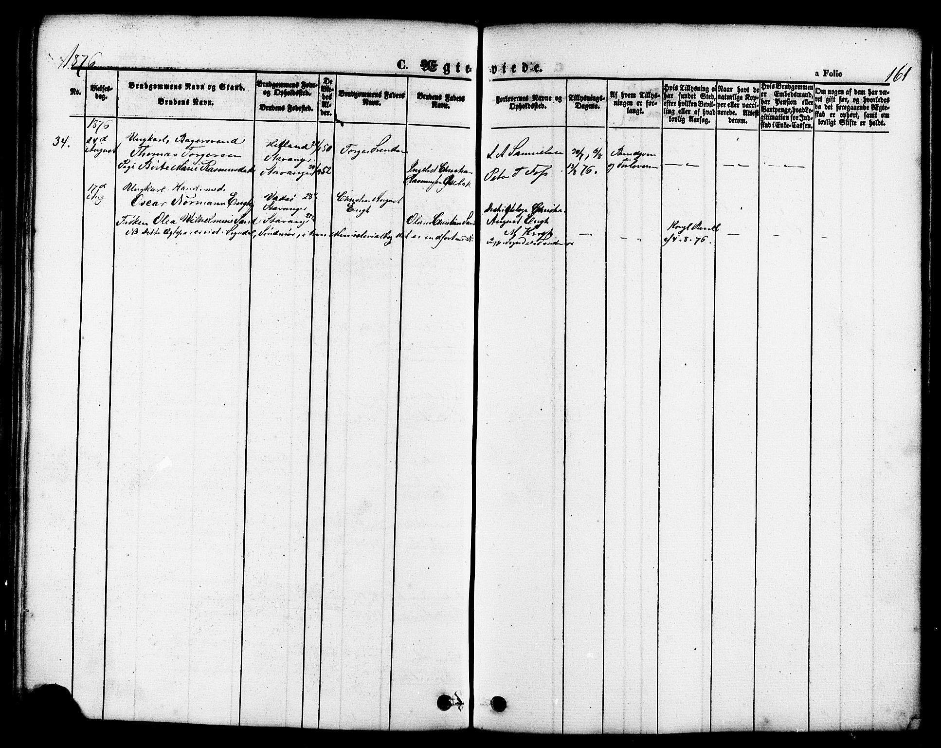 Domkirken sokneprestkontor, AV/SAST-A-101812/001/30/30BB/L0011: Parish register (copy) no. B 11, 1858-1876, p. 161