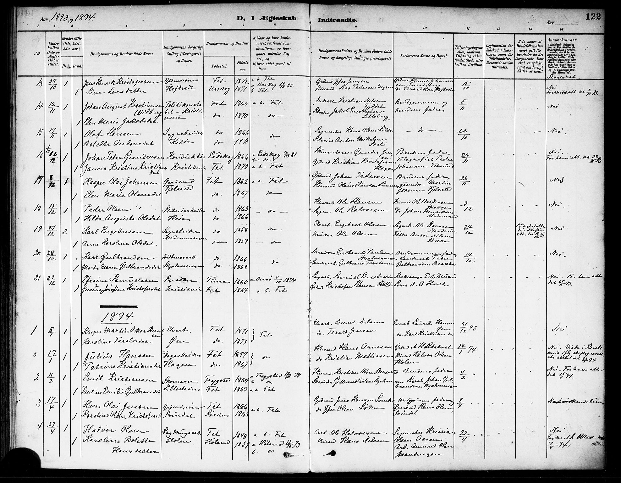 Fet prestekontor Kirkebøker, SAO/A-10370a/F/Fa/L0015: Parish register (official) no. I 15, 1892-1904, p. 122