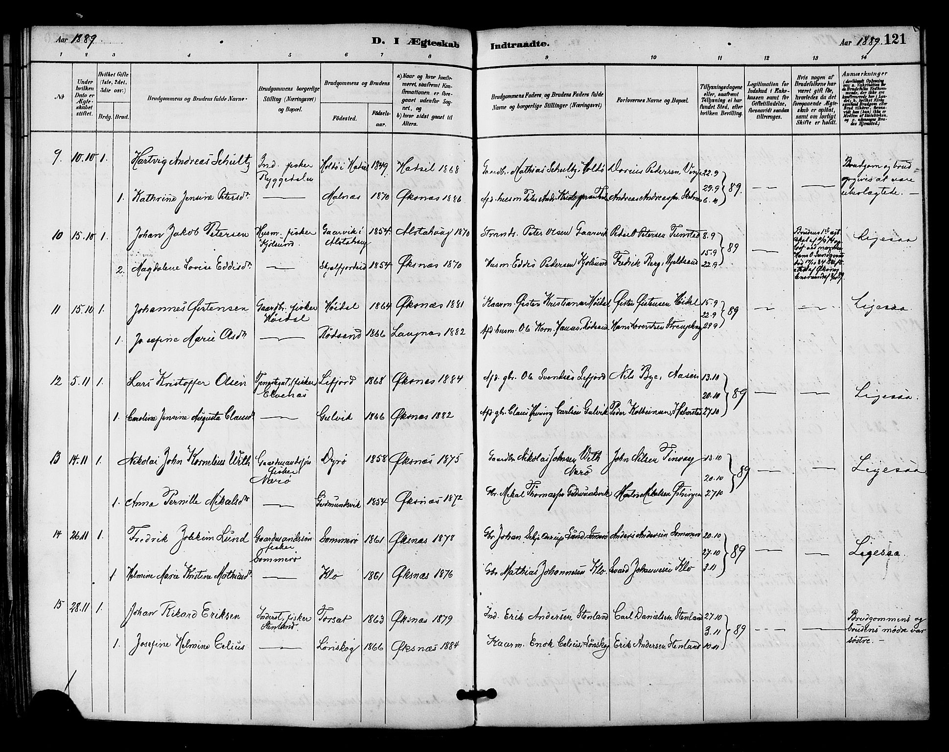 Ministerialprotokoller, klokkerbøker og fødselsregistre - Nordland, AV/SAT-A-1459/893/L1337: Parish register (official) no. 893A09, 1885-1893, p. 121