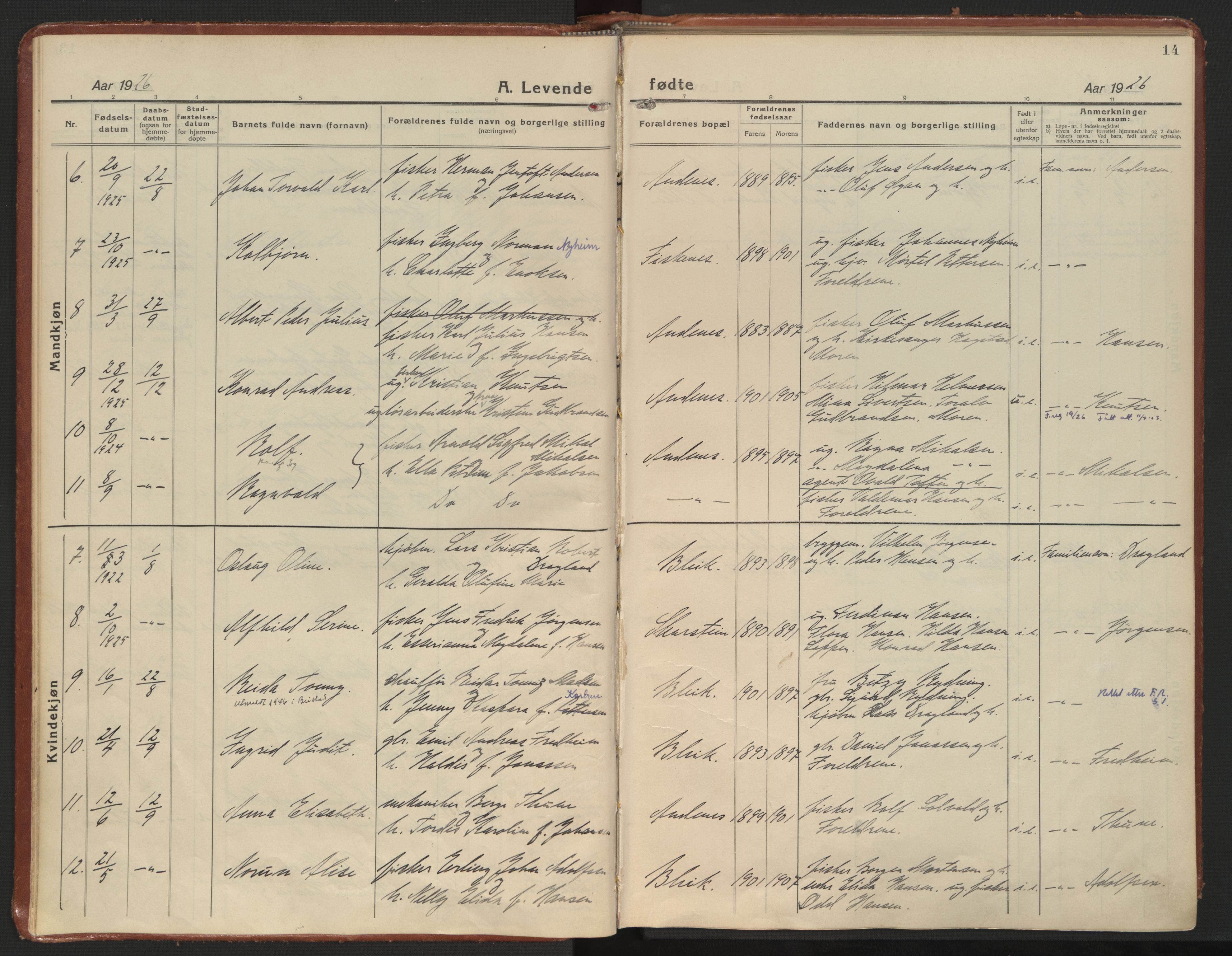 Ministerialprotokoller, klokkerbøker og fødselsregistre - Nordland, AV/SAT-A-1459/899/L1441: Parish register (official) no. 899A09, 1923-1939, p. 14