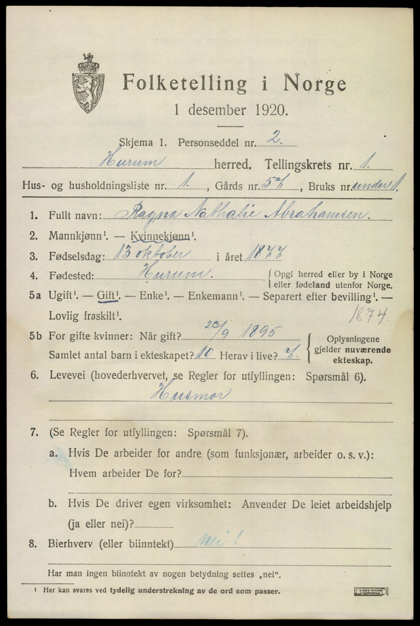 SAKO, 1920 census for Hurum, 1920, p. 1792