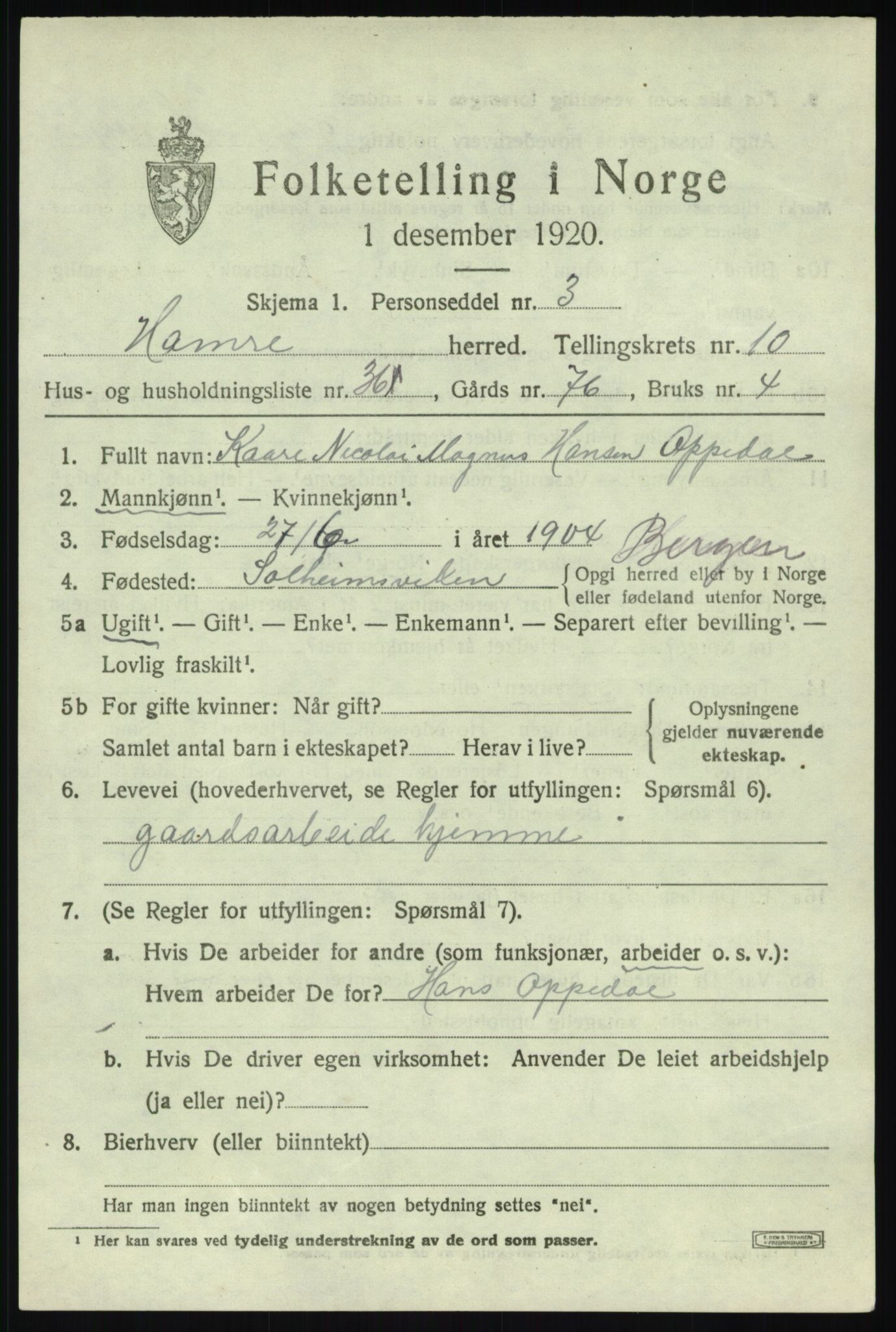 SAB, 1920 census for Hamre, 1920, p. 6249