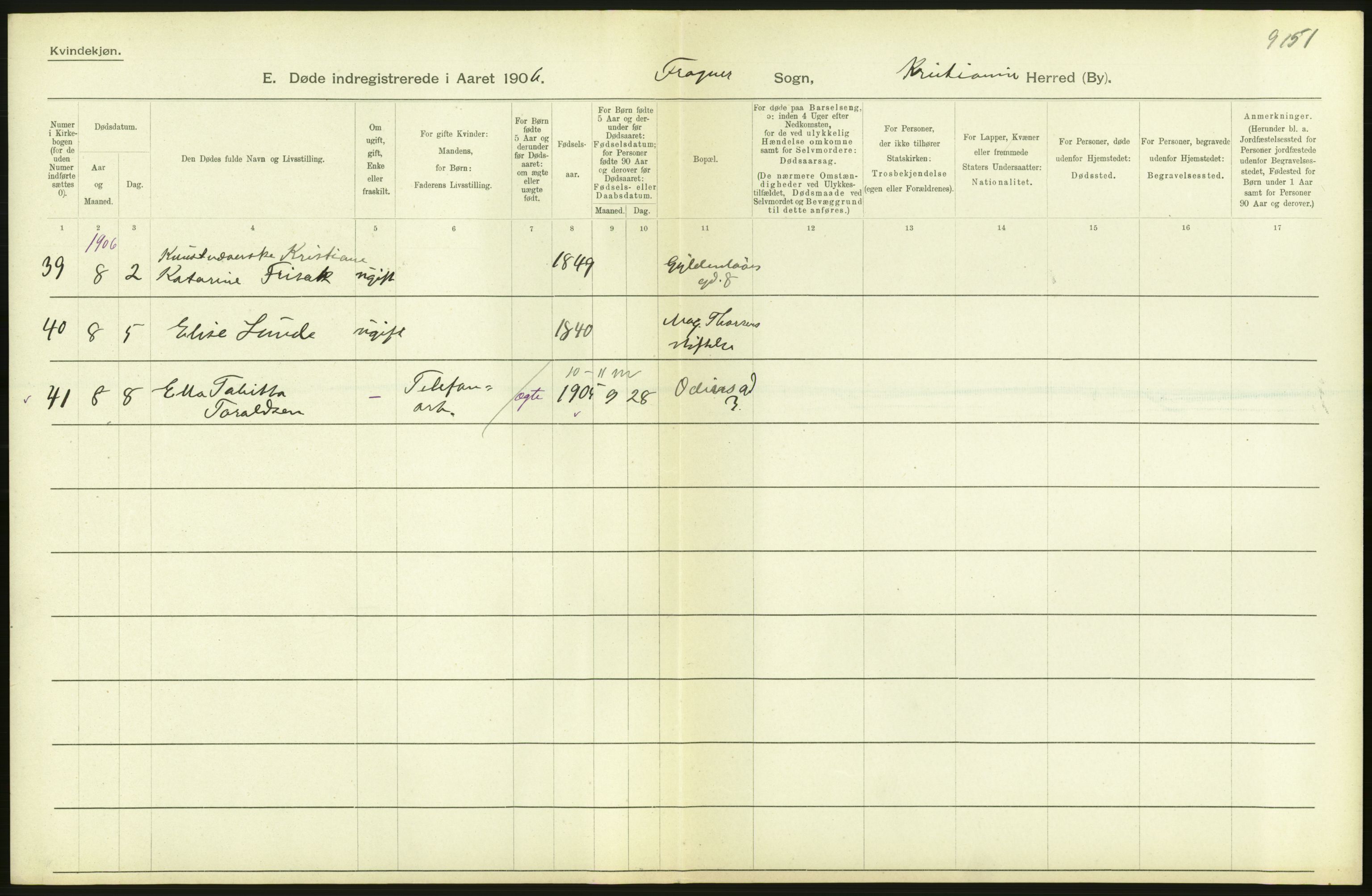 Statistisk sentralbyrå, Sosiodemografiske emner, Befolkning, AV/RA-S-2228/D/Df/Dfa/Dfad/L0009: Kristiania: Døde, 1906, p. 444