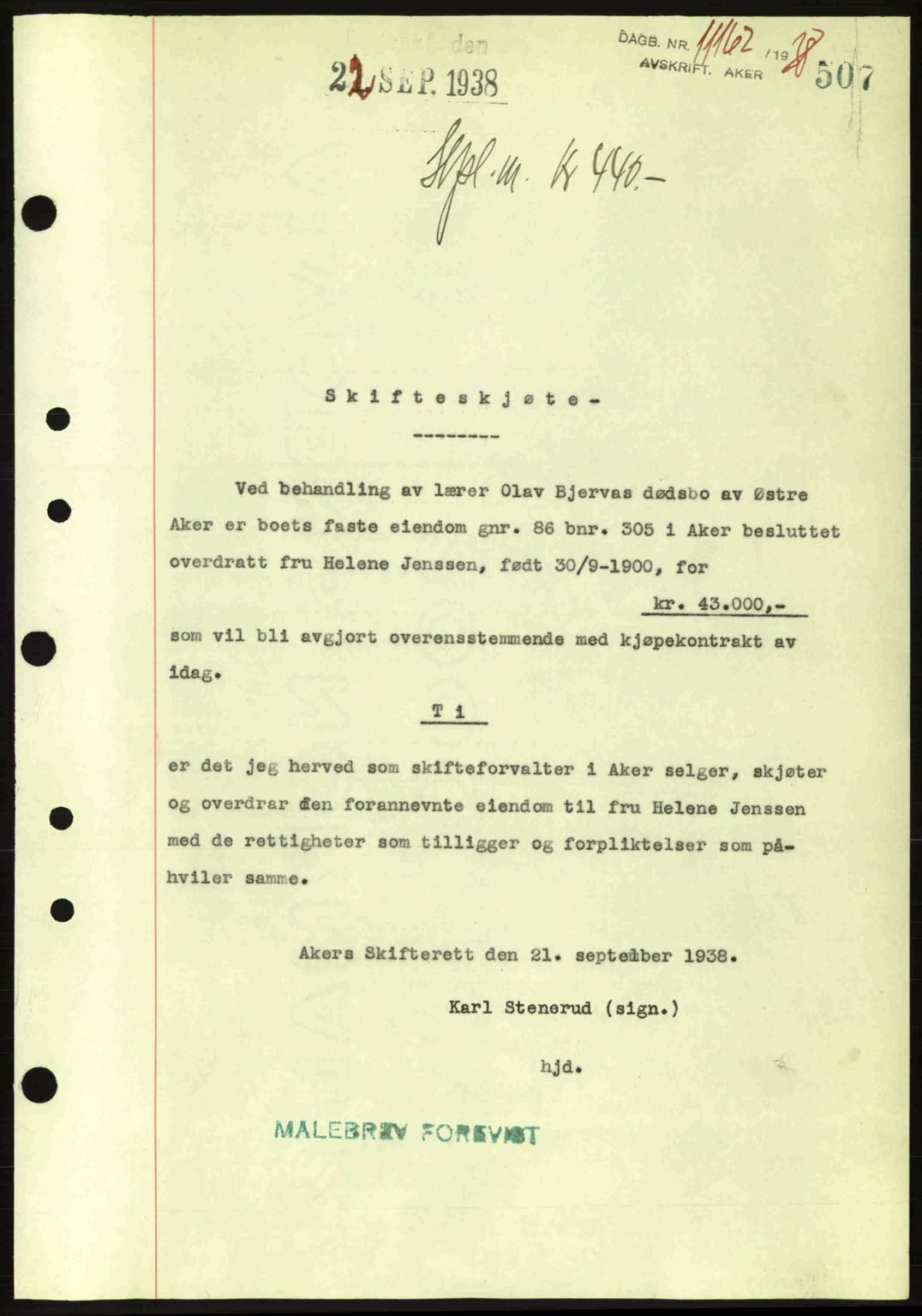 Aker herredsskriveri, SAO/A-10896/G/Gb/Gba/Gbab/L0025: Mortgage book no. A154-155, 1938-1938, Diary no: : 11162/1938