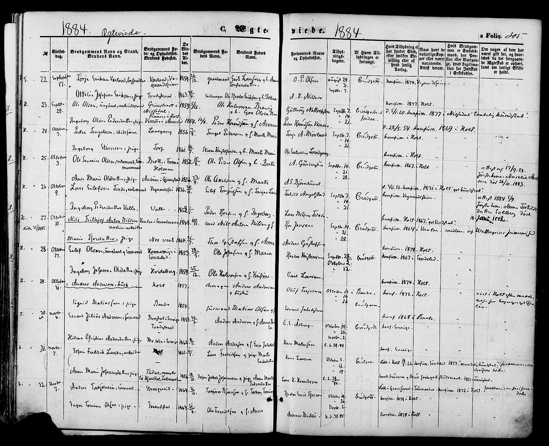 Holt sokneprestkontor, AV/SAK-1111-0021/F/Fa/L0010: Parish register (official) no. A 10, 1872-1885, p. 305