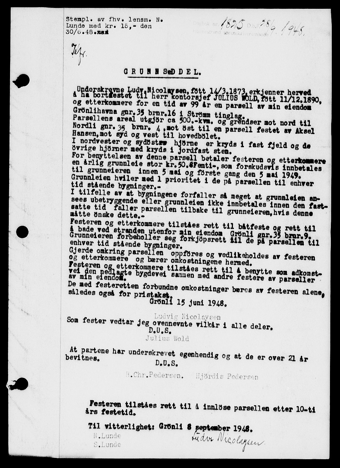 Holmestrand sorenskriveri, AV/SAKO-A-67/G/Ga/Gaa/L0064: Mortgage book no. A-64, 1948-1948, Diary no: : 1825/1948