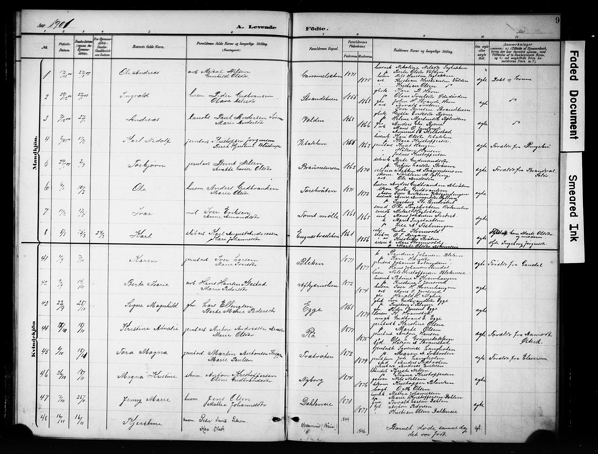 Brandbu prestekontor, SAH/PREST-114/H/Ha/Hab/L0005: Parish register (copy) no. 5, 1900-1913, p. 9