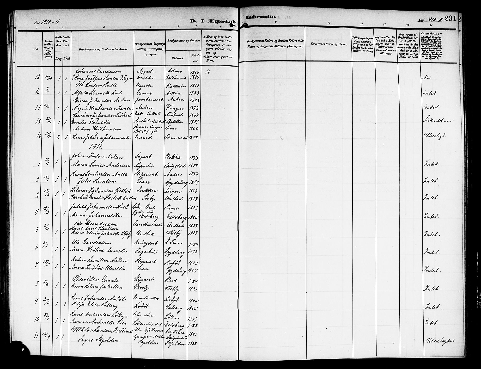 Askim prestekontor Kirkebøker, AV/SAO-A-10900/G/Ga/L0002: Parish register (copy) no. 2, 1903-1921, p. 231