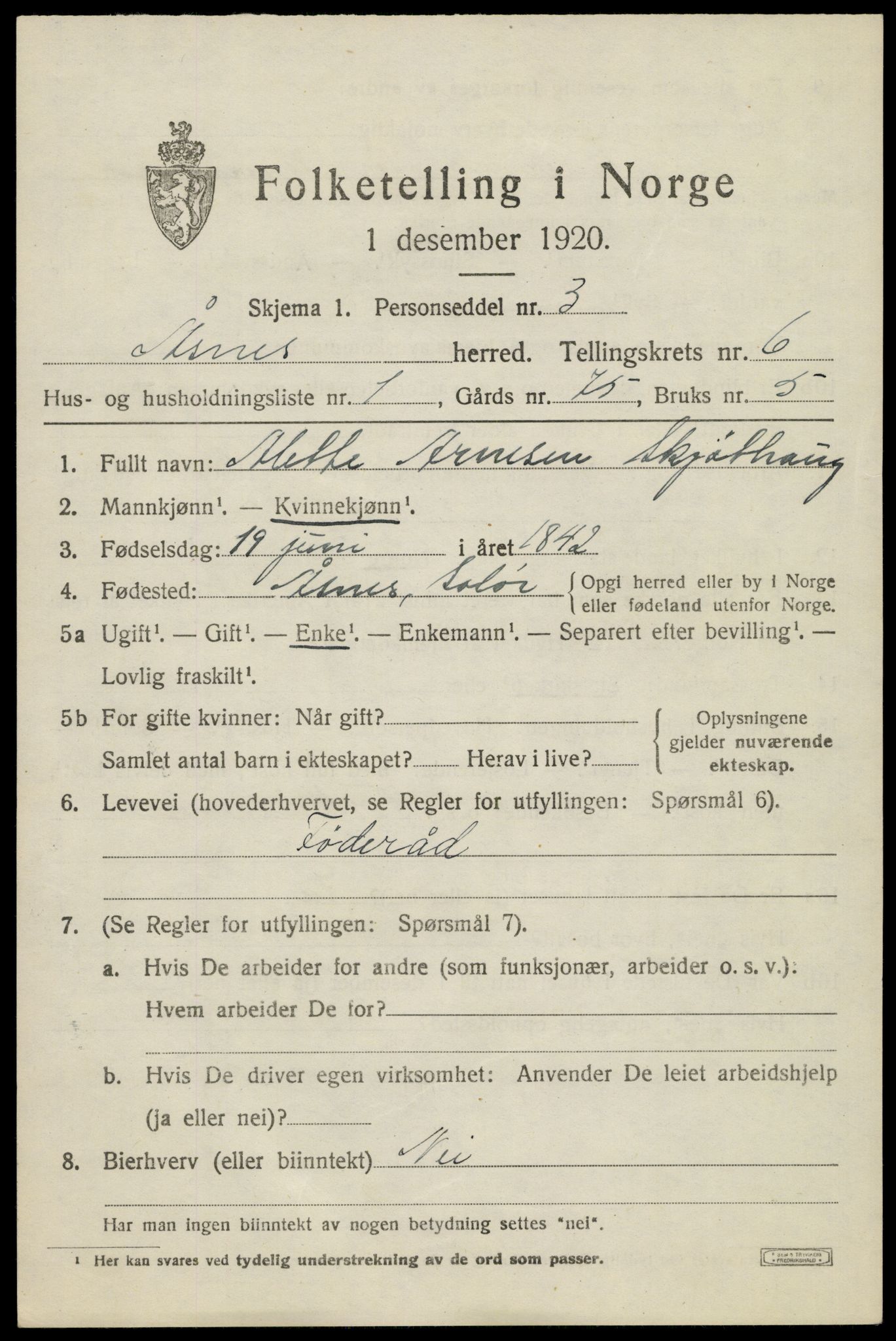 SAH, 1920 census for Åsnes, 1920, p. 7630