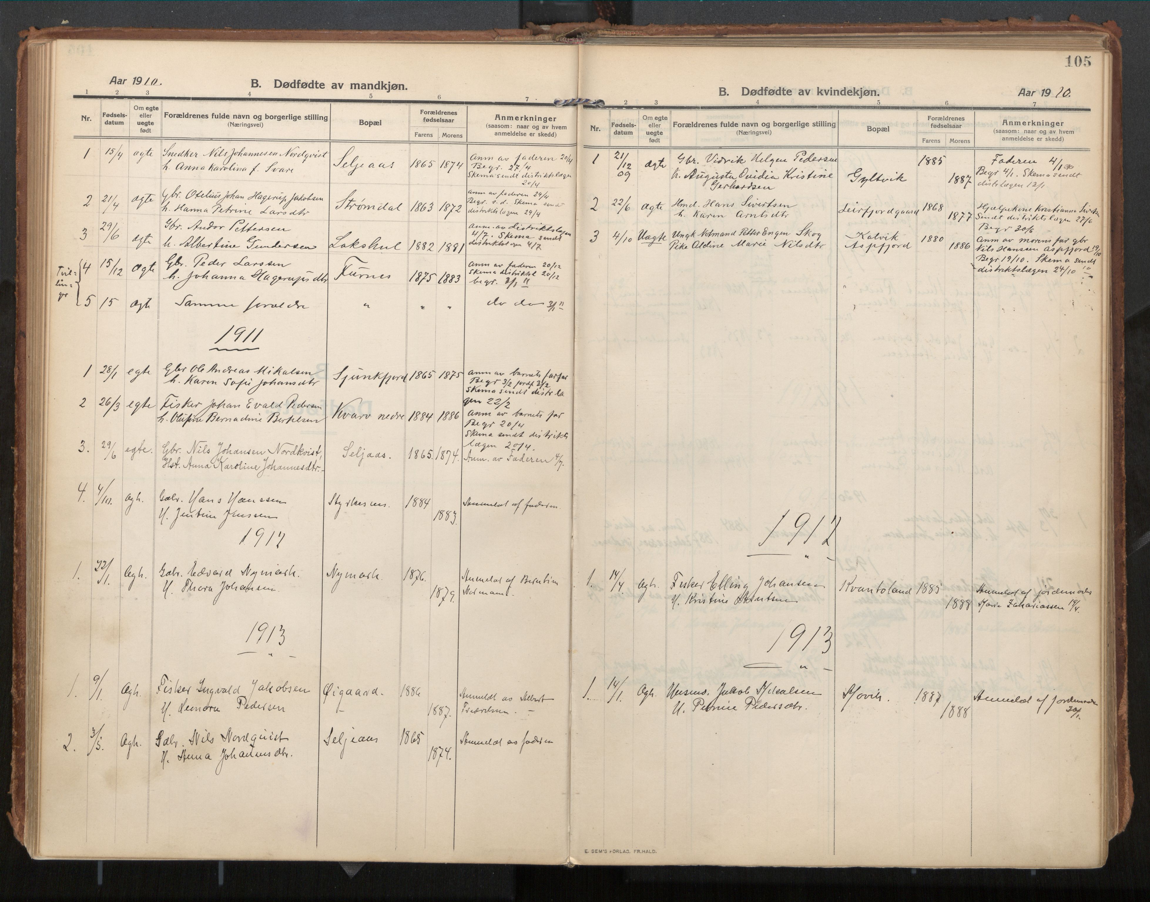 Ministerialprotokoller, klokkerbøker og fødselsregistre - Nordland, SAT/A-1459/854/L0784: Parish register (official) no. 854A07, 1910-1922, p. 105