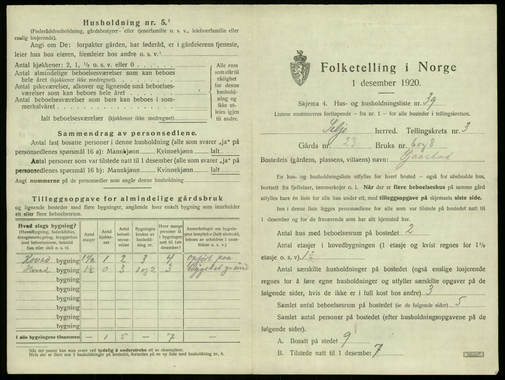 SAB, 1920 census for Selje, 1920, p. 277