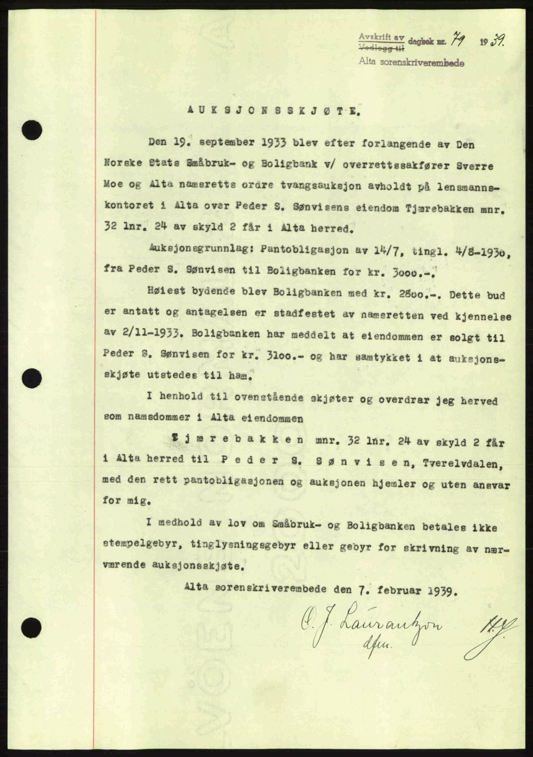 Alta fogderi/sorenskriveri, SATØ/SATØ-5/1/K/Kd/L0031pantebok: Mortgage book no. 31, 1938-1939, Diary no: : 79/1939