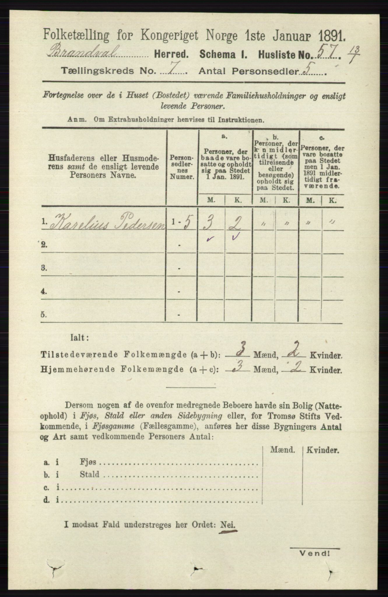 RA, 1891 census for 0422 Brandval, 1891, p. 3315