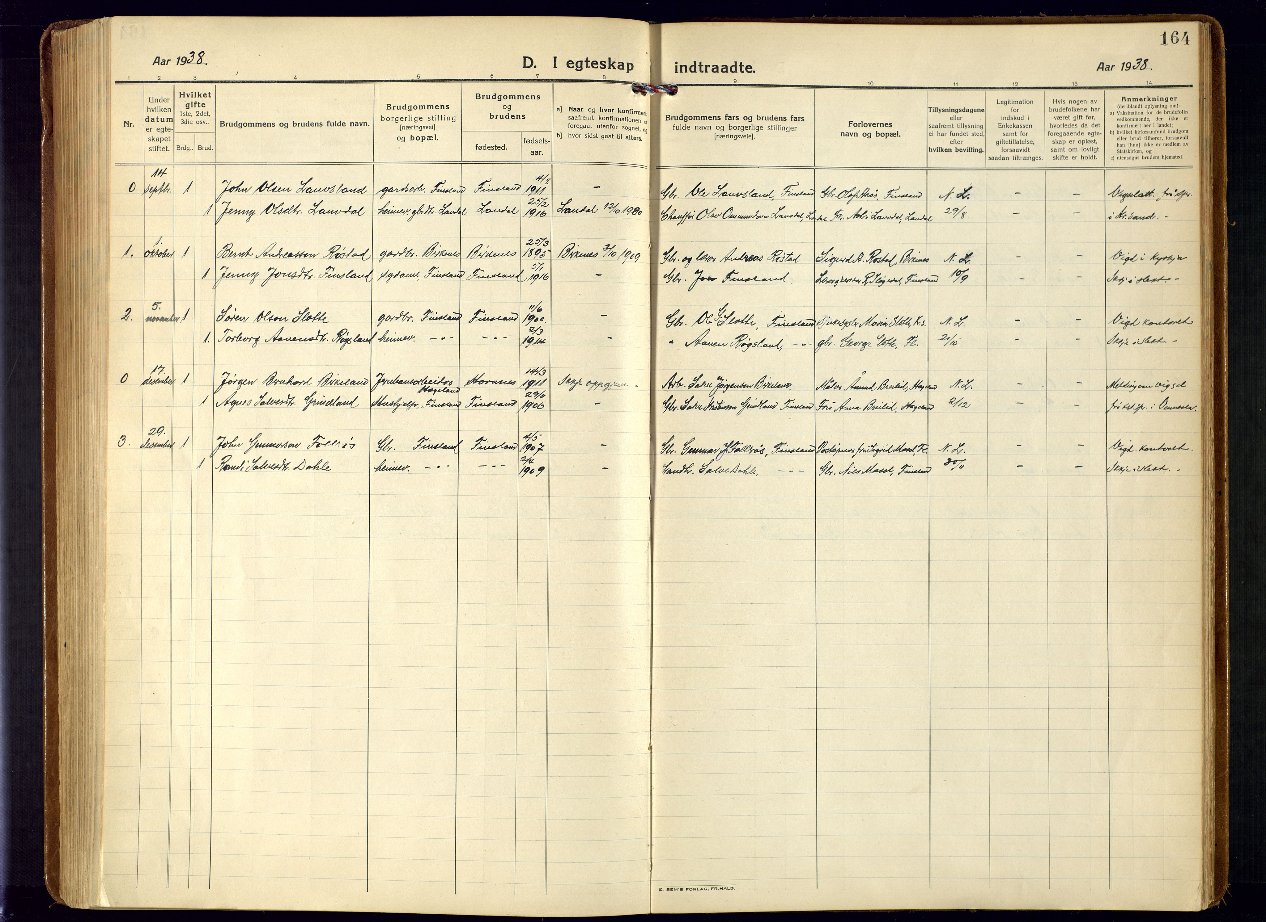 Bjelland sokneprestkontor, SAK/1111-0005/F/Fa/Fab/L0005: Parish register (official) no. A 5, 1921-1951, p. 164