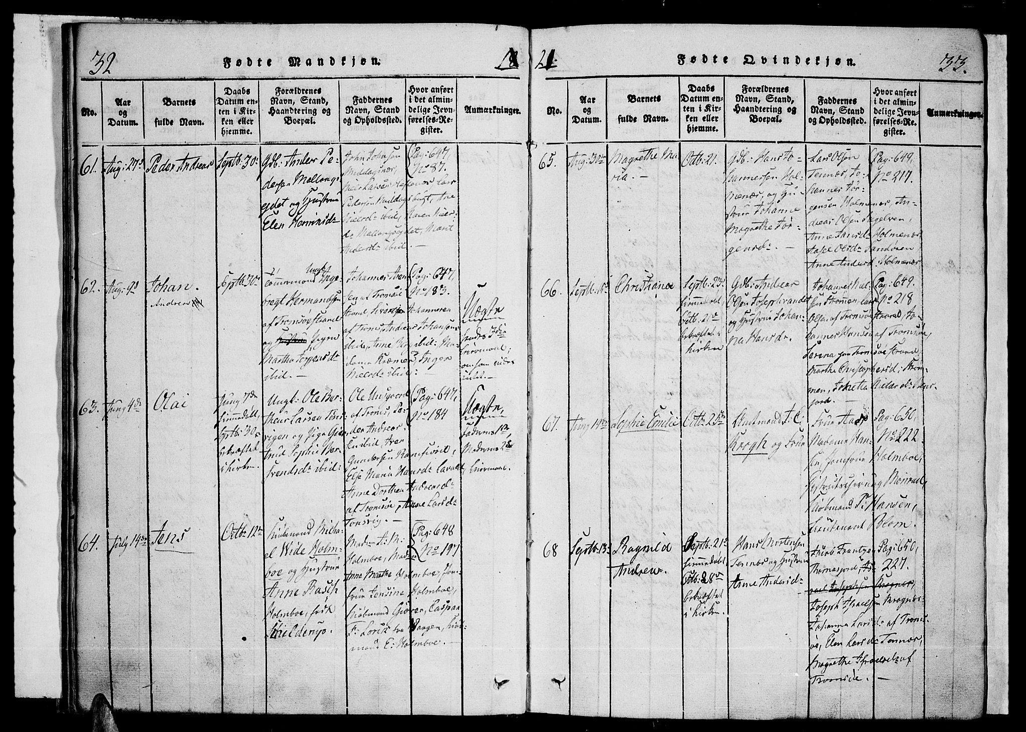 Tromsø sokneprestkontor/stiftsprosti/domprosti, SATØ/S-1343/G/Ga/L0007kirke: Parish register (official) no. 7, 1821-1828, p. 32-33