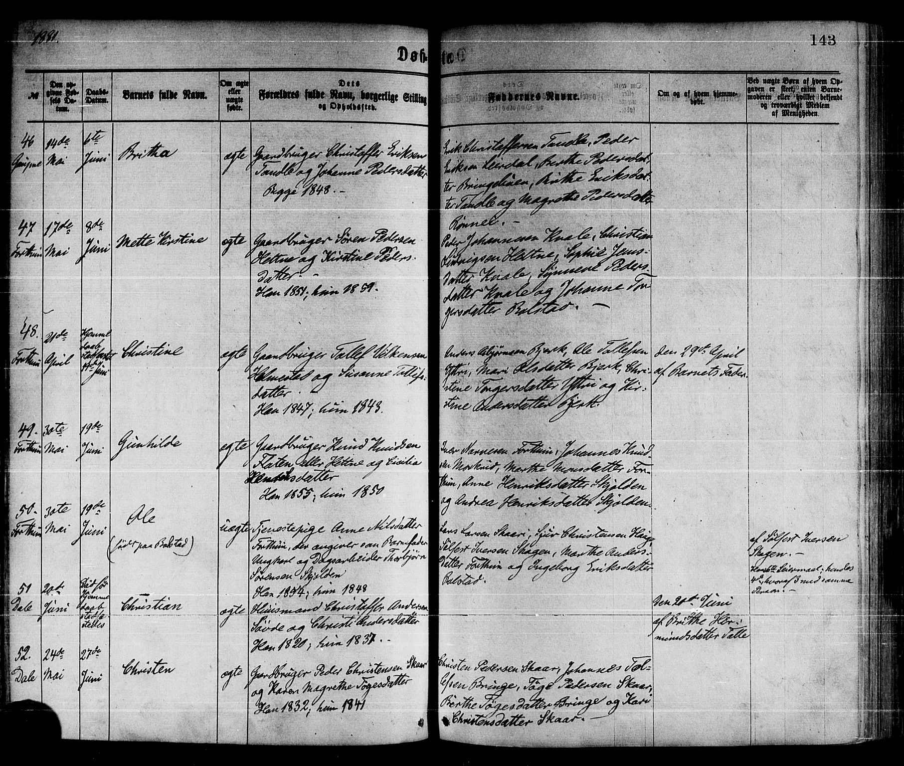 Luster sokneprestembete, AV/SAB-A-81101/H/Haa/Haaa/L0010: Parish register (official) no. A 10, 1871-1886, p. 143