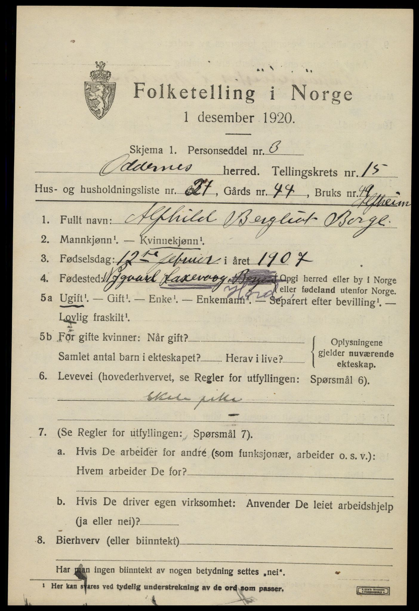 SAK, 1920 census for Oddernes, 1920, p. 10273