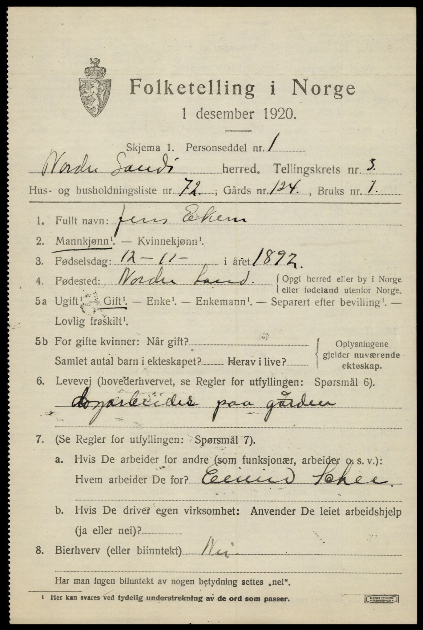 SAH, 1920 census for Nordre Land, 1920, p. 3248