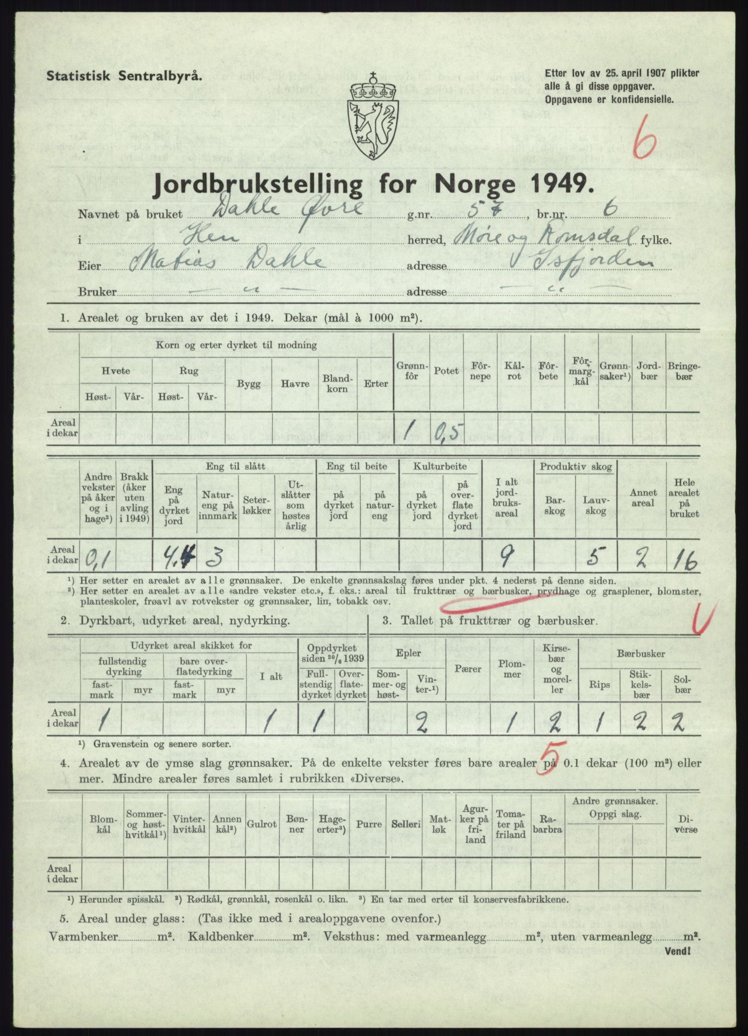 Statistisk sentralbyrå, Næringsøkonomiske emner, Jordbruk, skogbruk, jakt, fiske og fangst, AV/RA-S-2234/G/Gc/L0323: Møre og Romsdal: Grytten og Hen, 1949, p. 537