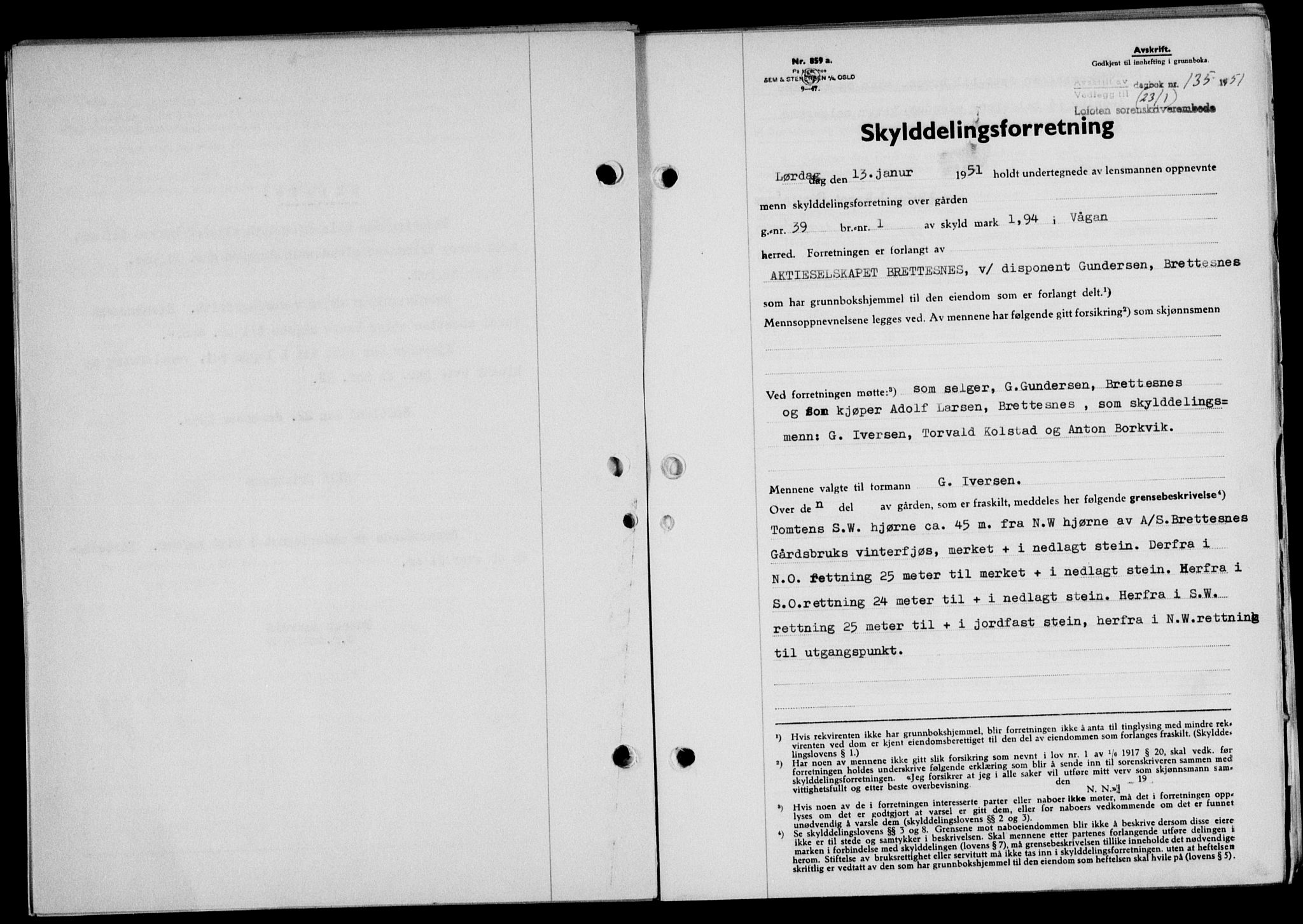 Lofoten sorenskriveri, SAT/A-0017/1/2/2C/L0025a: Mortgage book no. 25a, 1950-1951, Diary no: : 135/1951