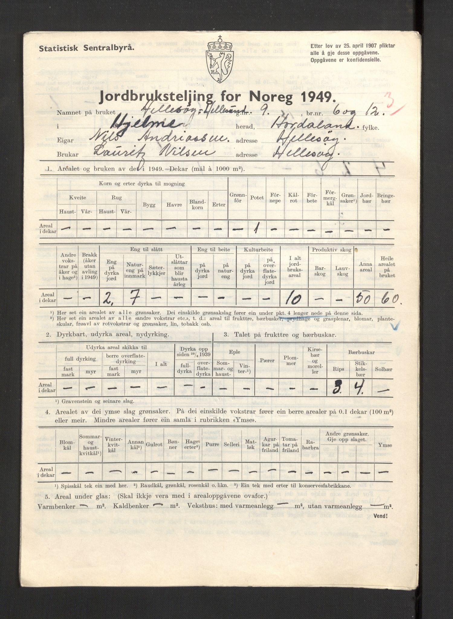 Statistisk sentralbyrå, Næringsøkonomiske emner, Jordbruk, skogbruk, jakt, fiske og fangst, AV/RA-S-2234/G/Gc/L0276: Hordaland: Herdla og Hjelme, 1949, p. 1154