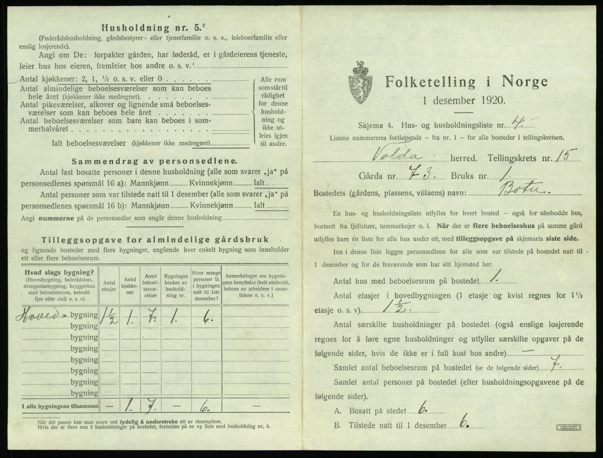 SAT, 1920 census for Volda, 1920, p. 1156