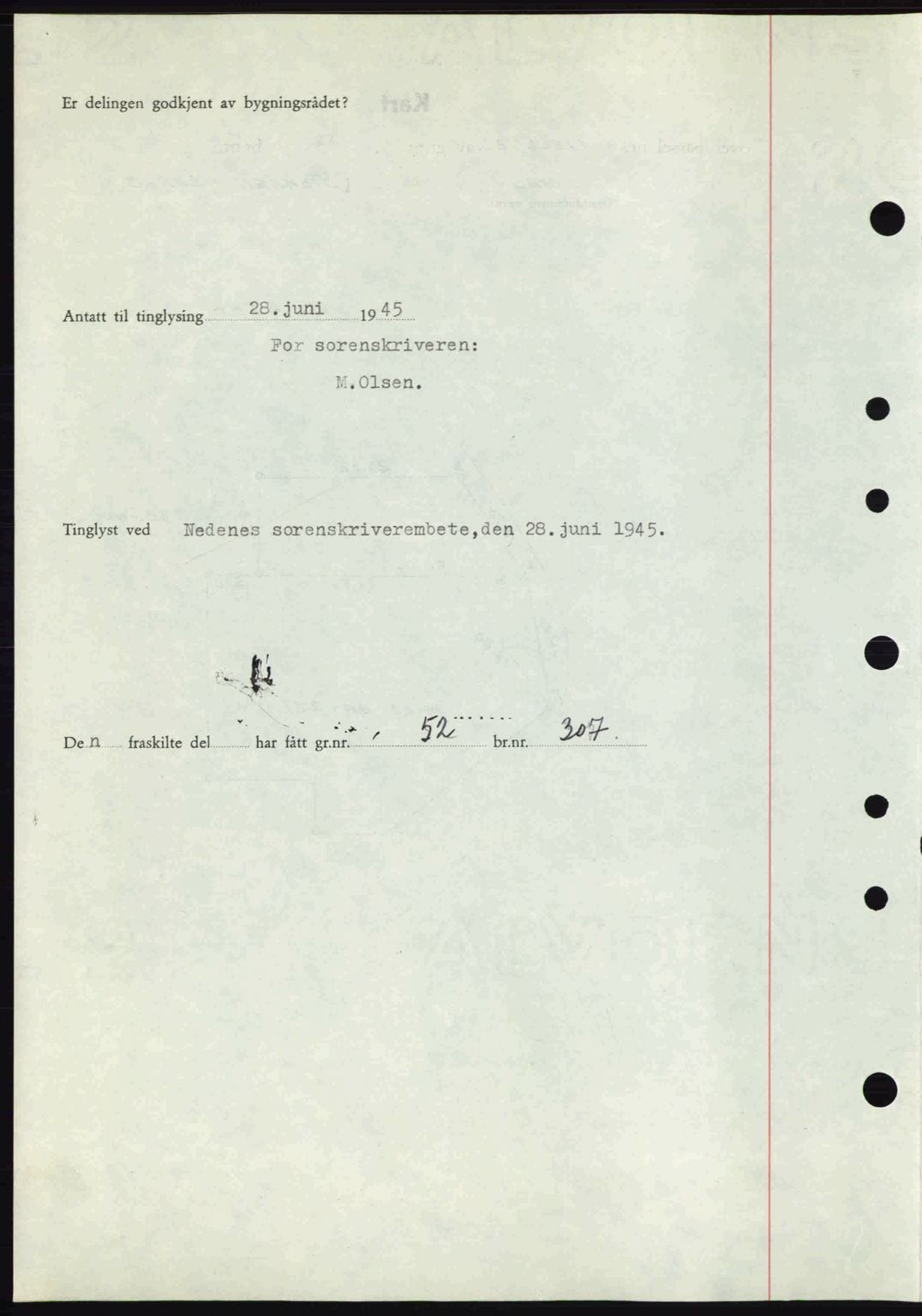 Nedenes sorenskriveri, SAK/1221-0006/G/Gb/Gba/L0052: Mortgage book no. A6a, 1944-1945, Diary no: : 466/1945