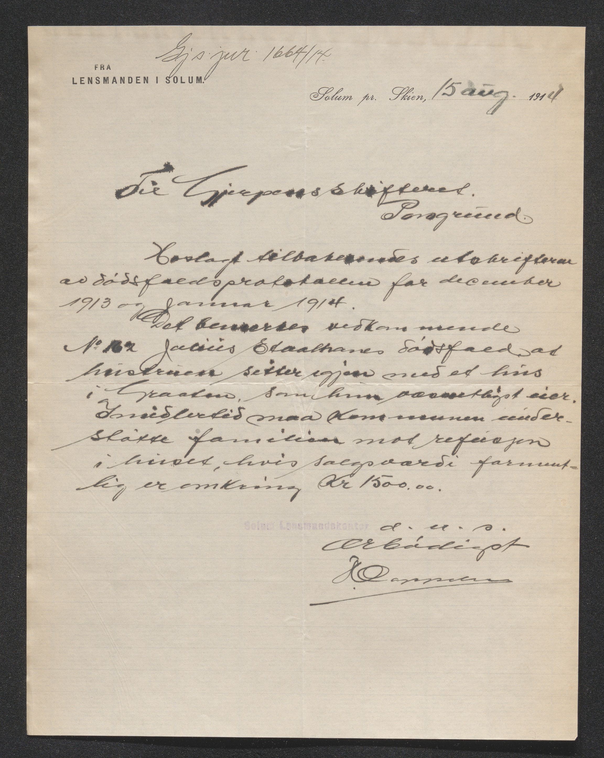 Gjerpen sorenskriveri, AV/SAKO-A-216/H/Ha/Hab/L0007: Dødsfallsmeldinger, Solum, 1899-1915, p. 573