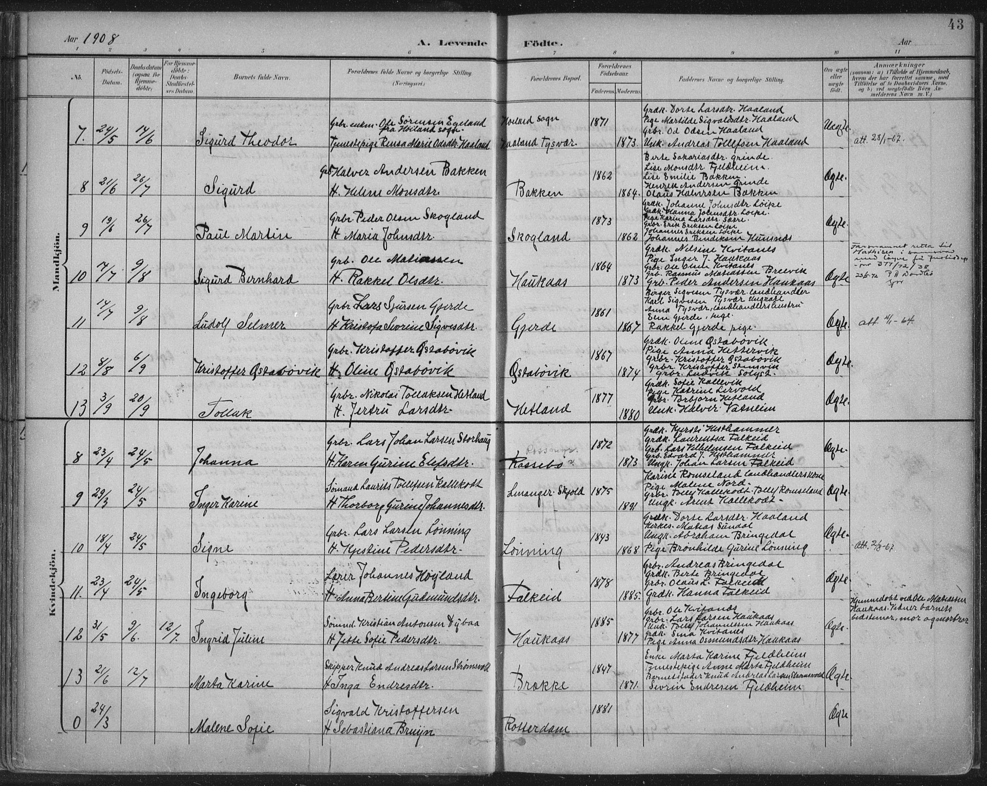 Tysvær sokneprestkontor, AV/SAST-A -101864/H/Ha/Haa/L0008: Parish register (official) no. A 8, 1897-1918, p. 43