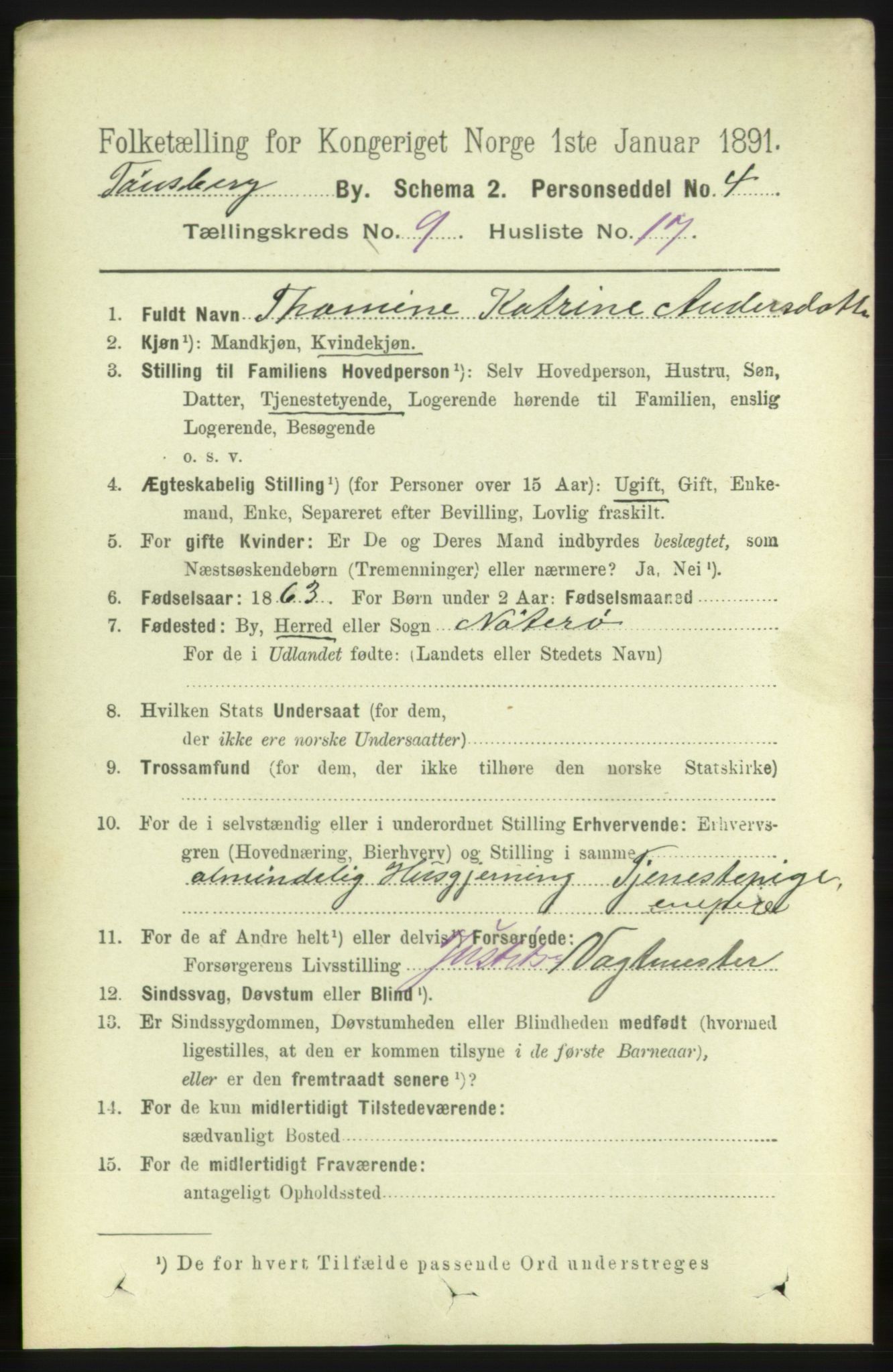 RA, 1891 census for 0705 Tønsberg, 1891, p. 3599