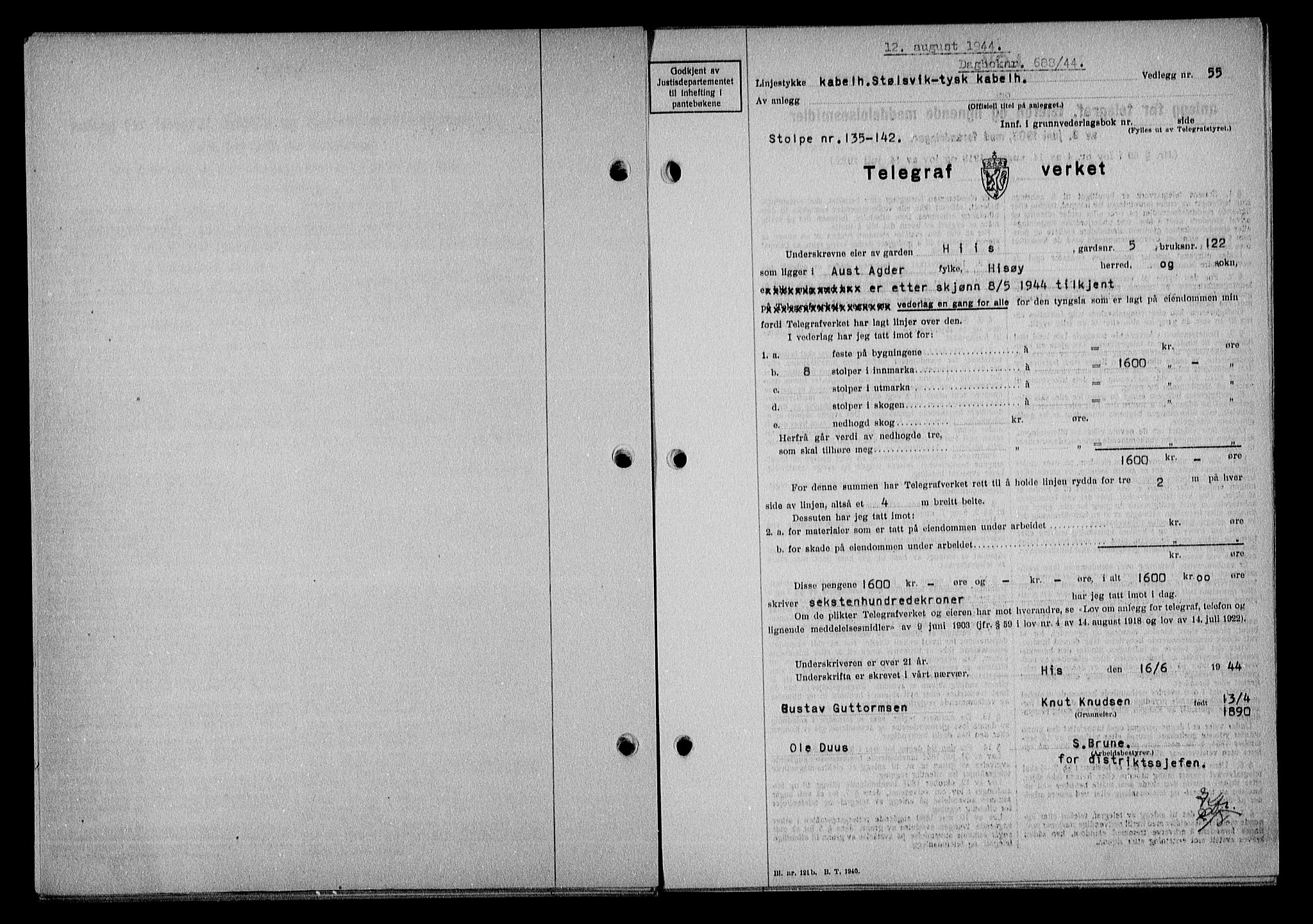 Nedenes sorenskriveri, SAK/1221-0006/G/Gb/Gba/L0051: Mortgage book no. A-V, 1943-1944, Diary no: : 688/1944