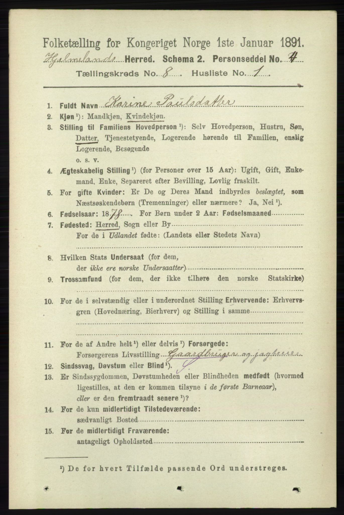 RA, 1891 census for 1133 Hjelmeland, 1891, p. 2476