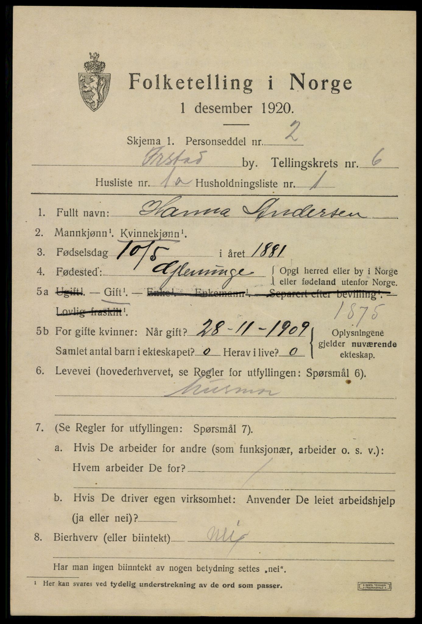 SAO, 1920 census for Fredrikstad, 1920, p. 20237