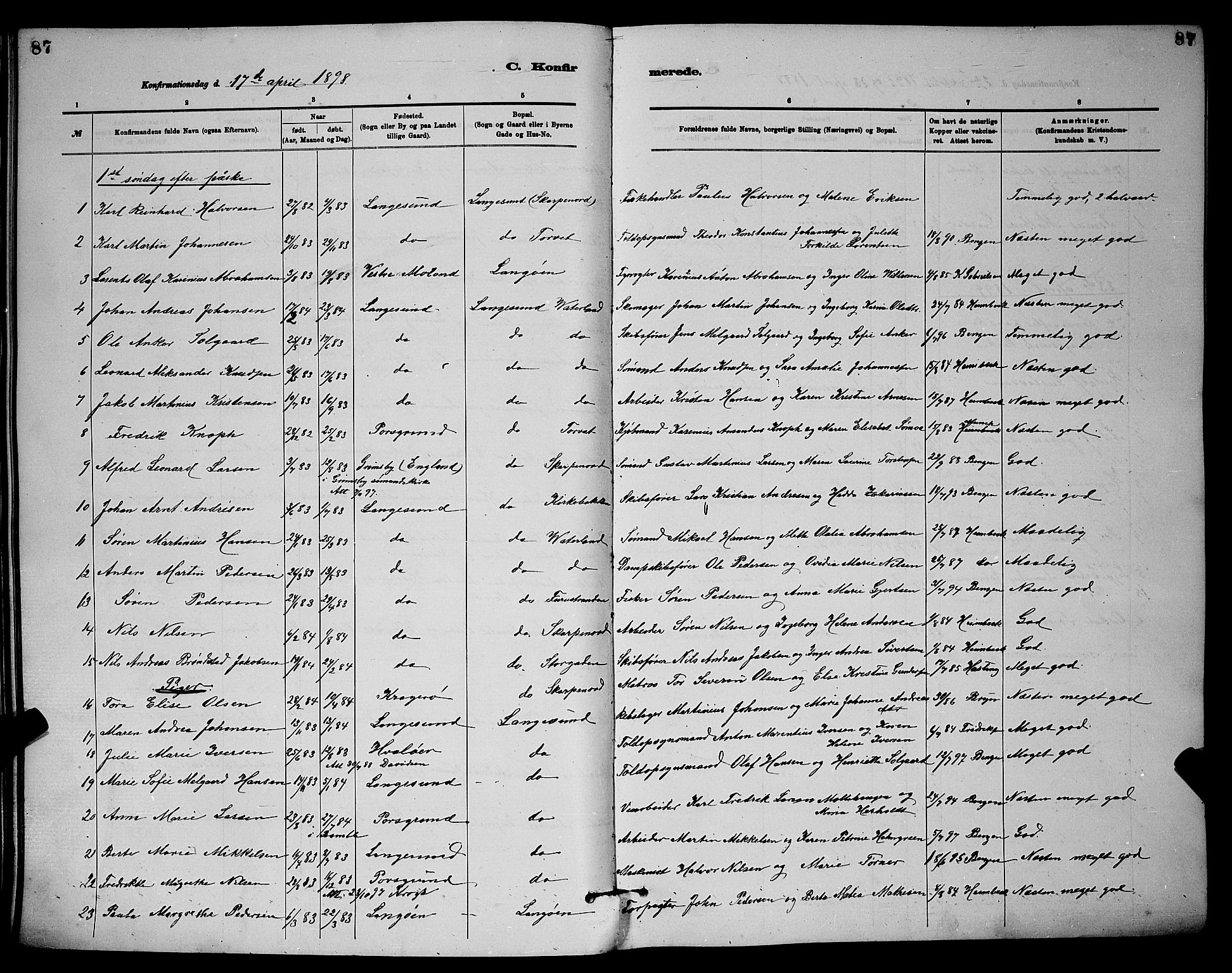 Langesund kirkebøker, AV/SAKO-A-280/G/Ga/L0005: Parish register (copy) no. 5, 1884-1898, p. 87