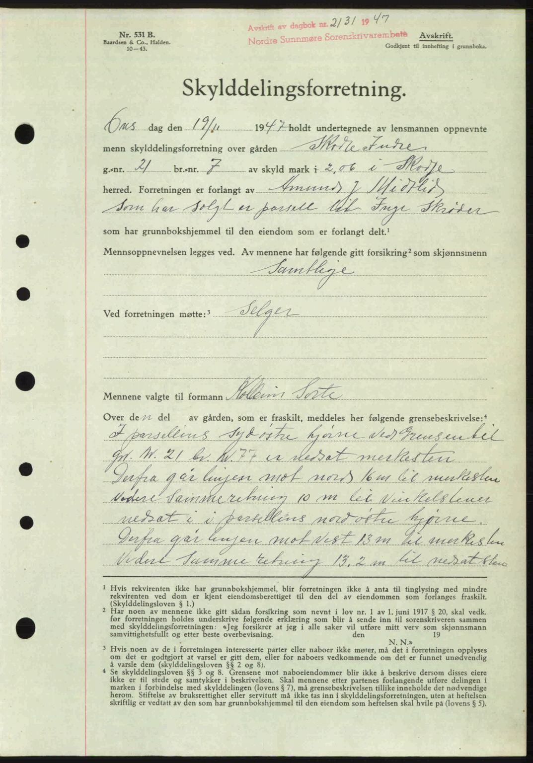 Nordre Sunnmøre sorenskriveri, AV/SAT-A-0006/1/2/2C/2Ca: Mortgage book no. A26, 1947-1948, Diary no: : 2131/1947